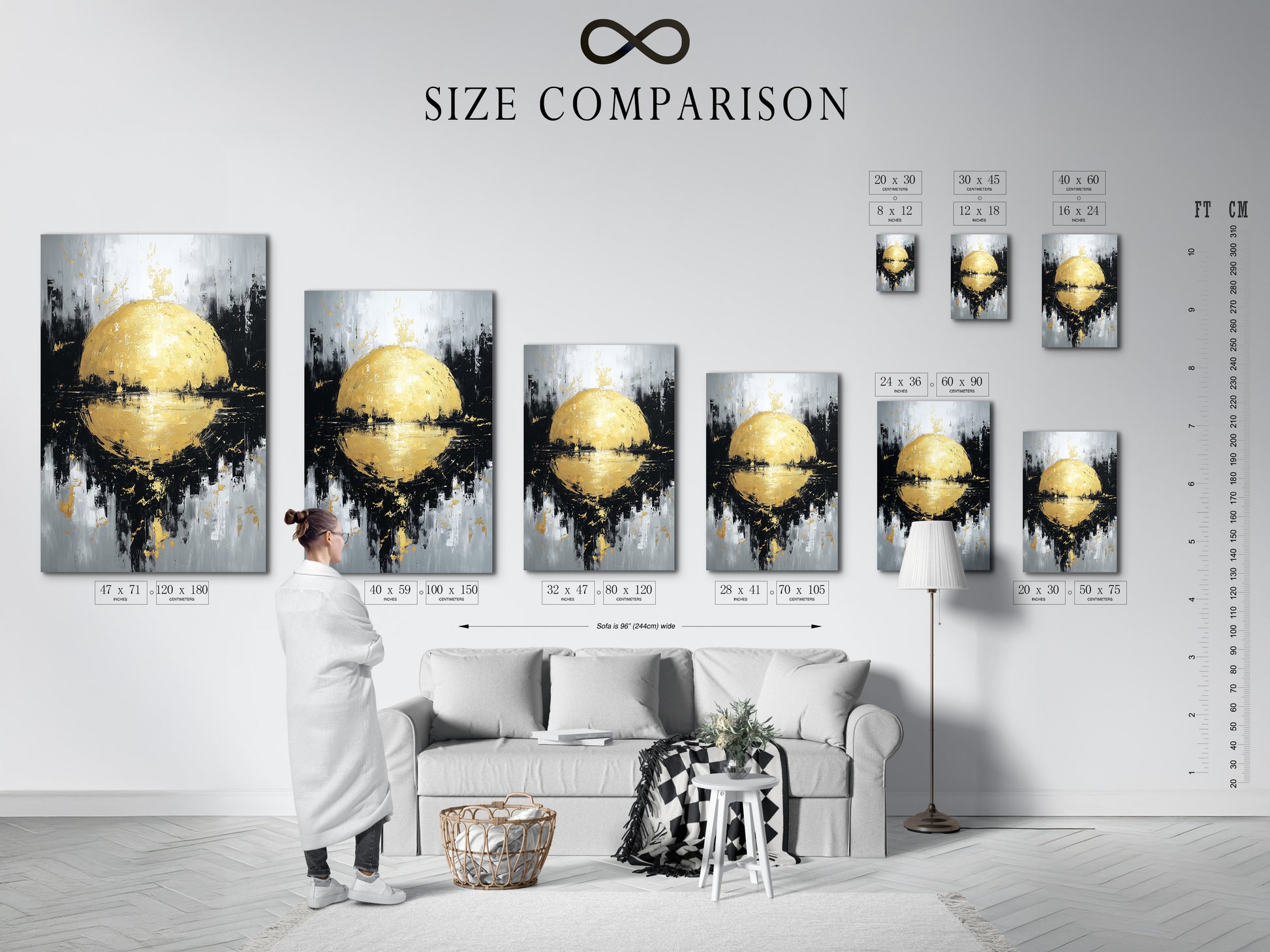 A size comparison chart is displayed in an interior setting. This chart helps you visualize artwork sizes in your space. Choose the perfect dimensions for your artwork with our size guide. Make informed decisions.