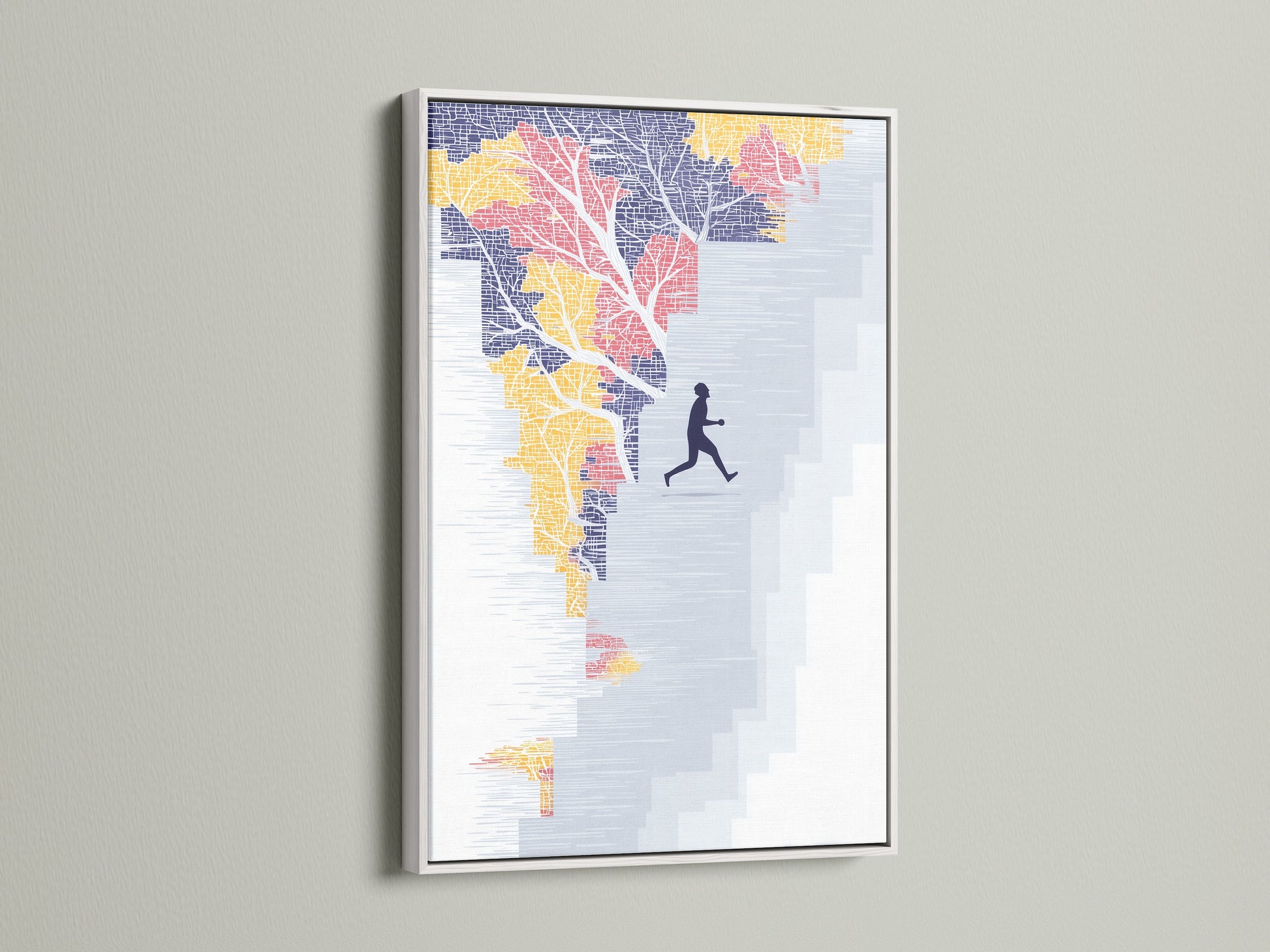 Running Man Canvas Print displayed in a white frame. Add minimalist style with abstract stairs wall art. This motivational print brings inspiration to your office. Teal and orange colors enhance modern home decor.