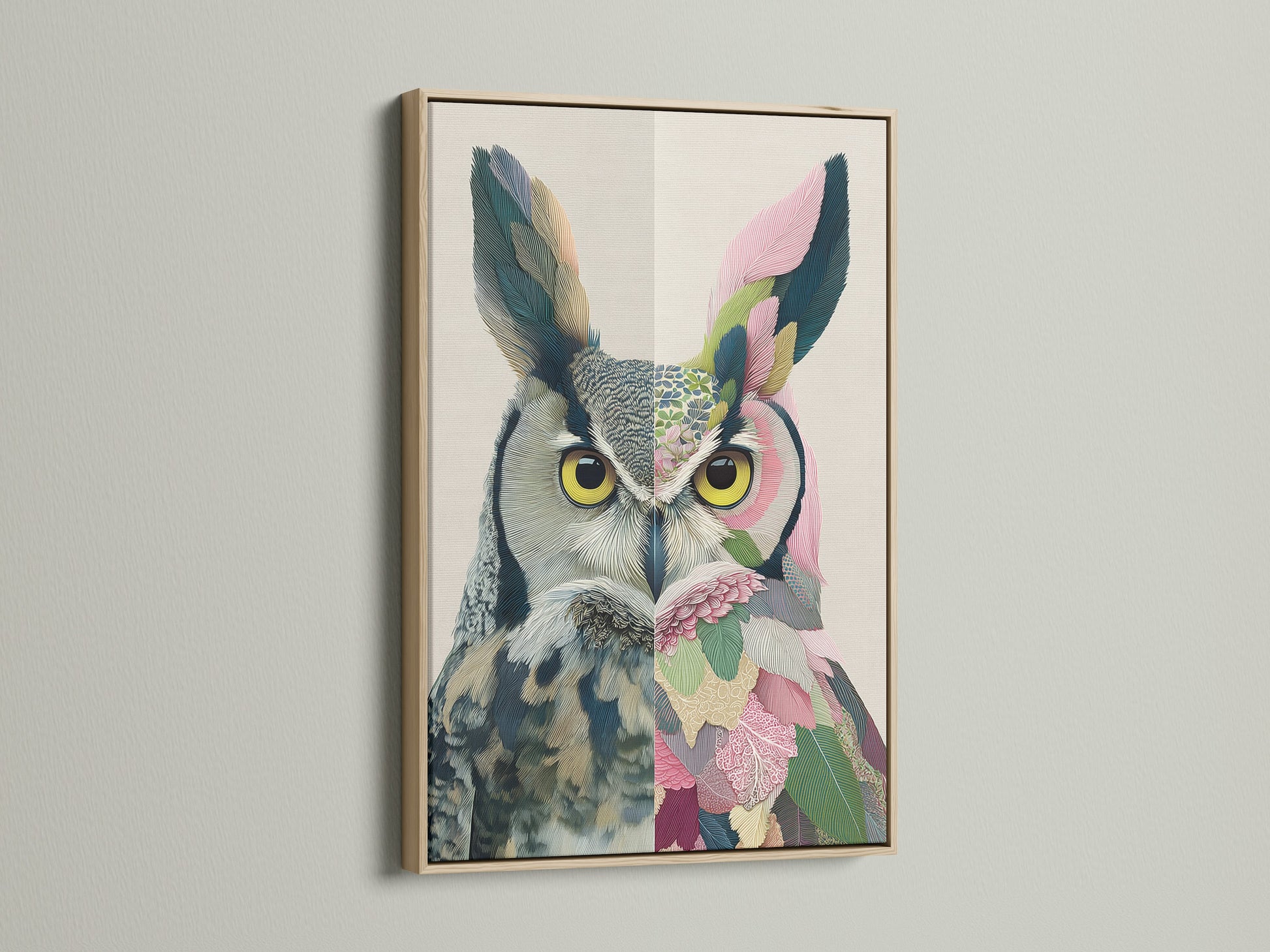 A beautiful colorful owl art canvas print is showcased in an oak frame. This bird canvas print adds a touch of nature to any space. Perfect for nursery wall art and eclectic wall decor.