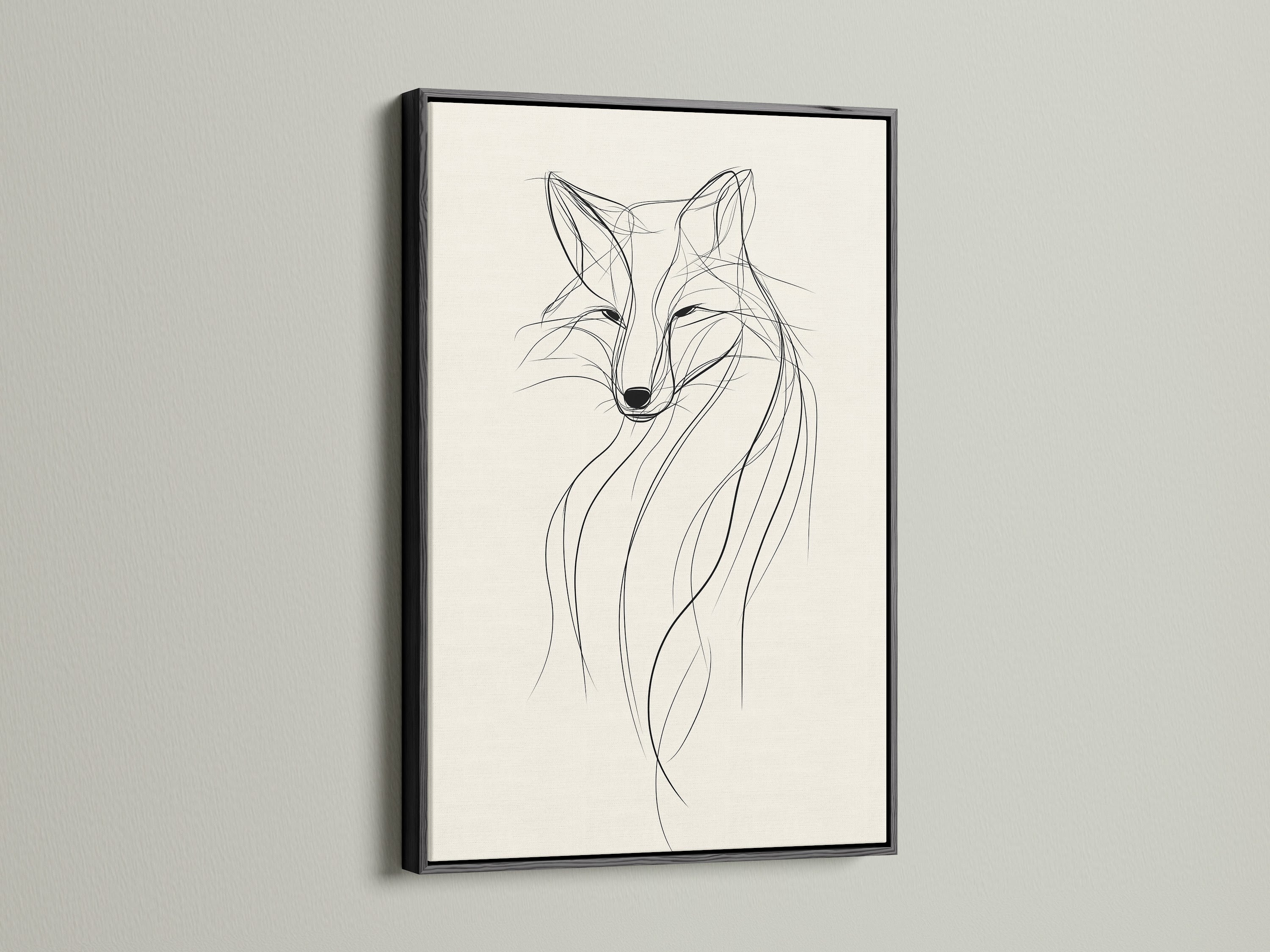 A black frame surrounds minimalist fox line artwork. The black frame provides a bold contrast. This modern wildlife art adds sophistication. It suits contemporary and industrial spaces. The fox canvas print is a striking focal point. Perfect for a modern office or living room.