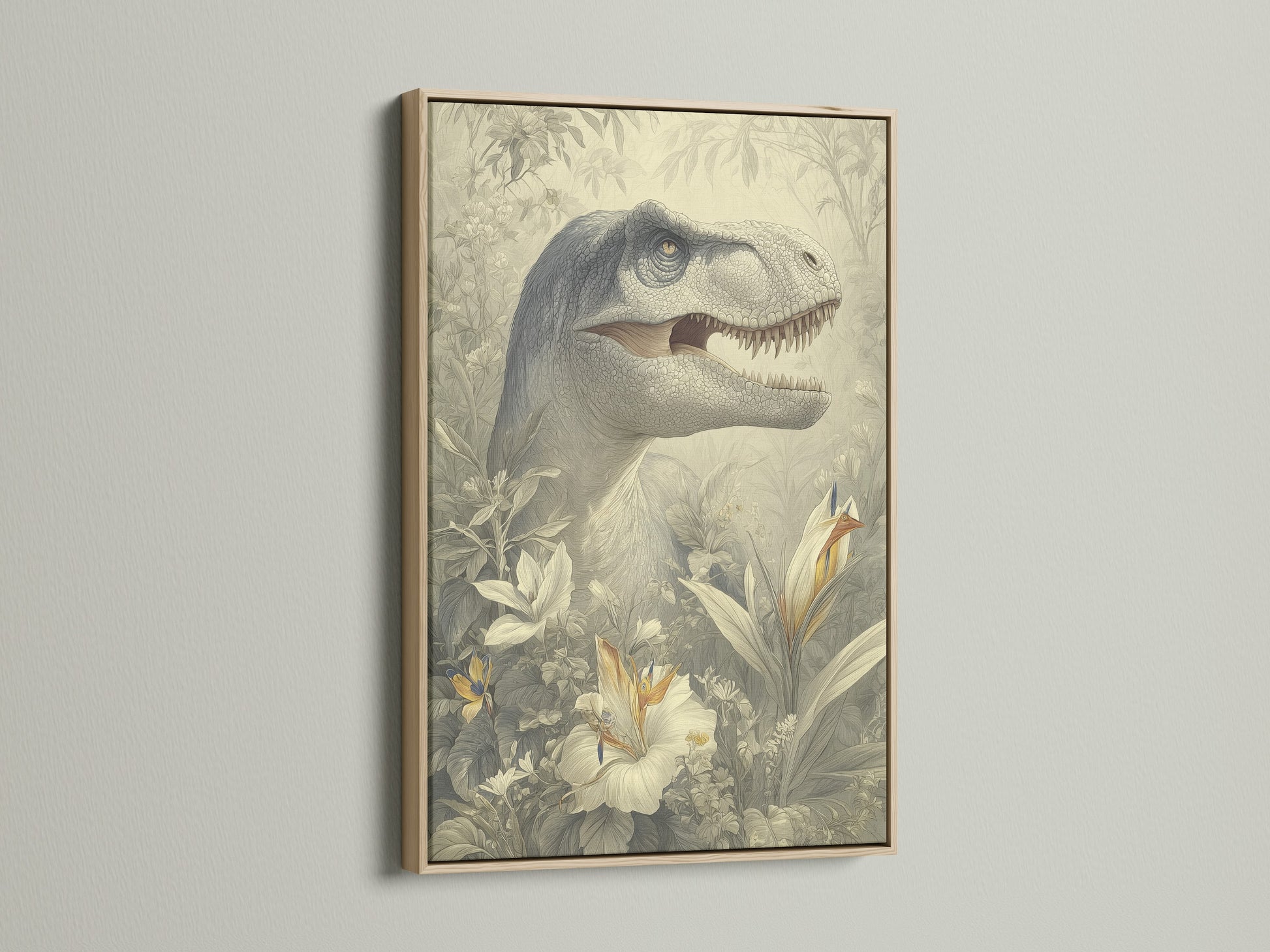 A beautiful oak frame displays a dinosaur artwork. The light oak wood enhances the artwork. Oak frames add warmth to any space. Explore our oak frame options for your next art purchase.