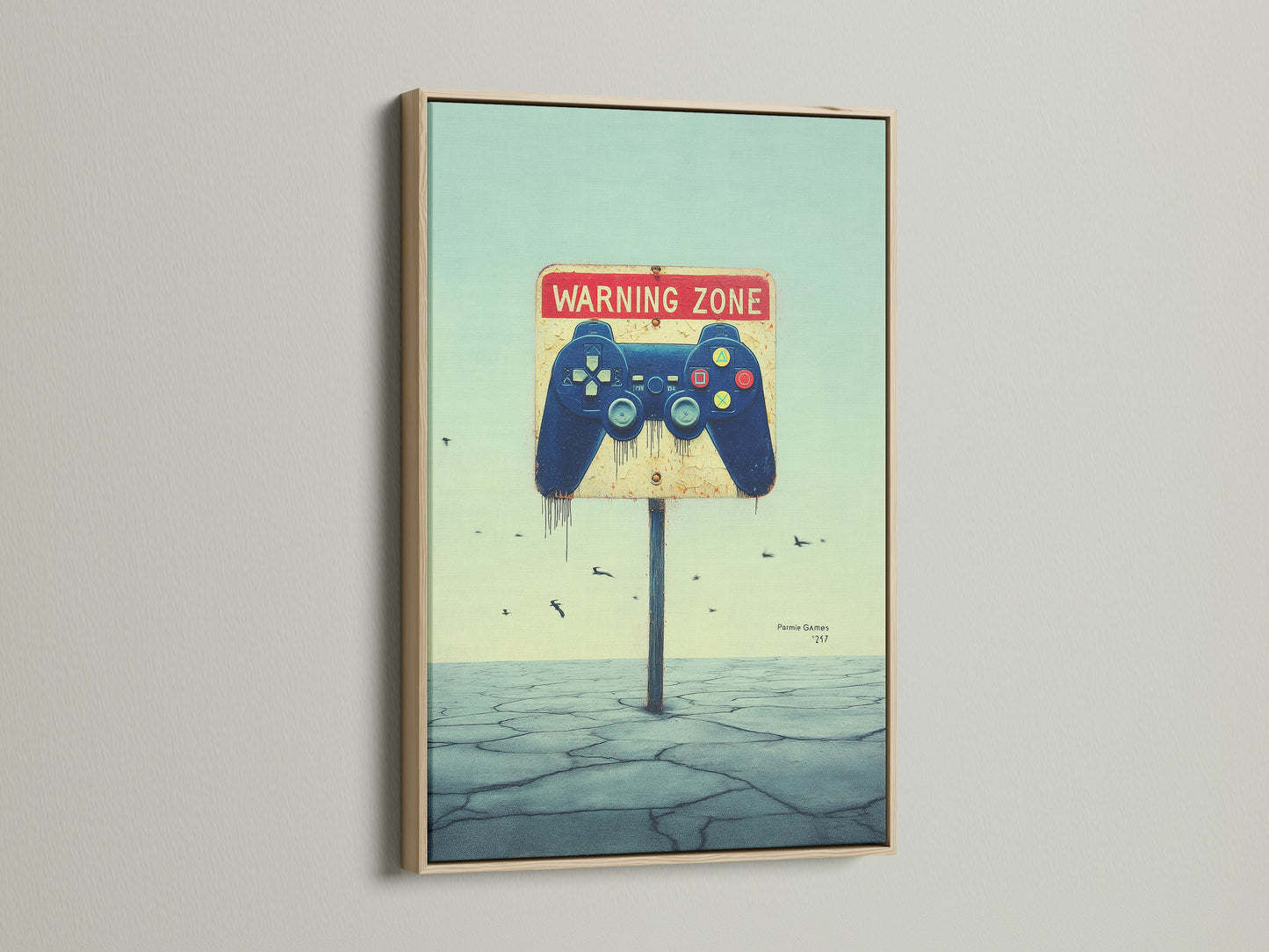 Gaming Zone Canvas Print with an oak frame. The gamer wall art is perfect for a gaming print. It makes cool teen boy decor. The game room art is a unique video game poster. The gamer gift will stand out.