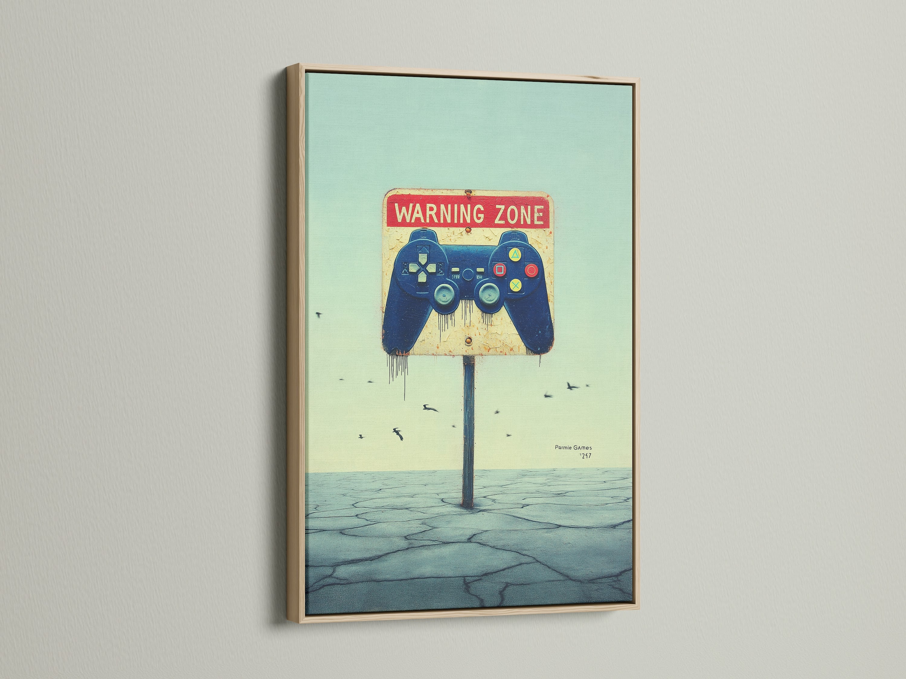 Gaming Zone Canvas Print with an oak frame. The gamer wall art is perfect for a gaming print. It makes cool teen boy decor. The game room art is a unique video game poster. The gamer gift will stand out.