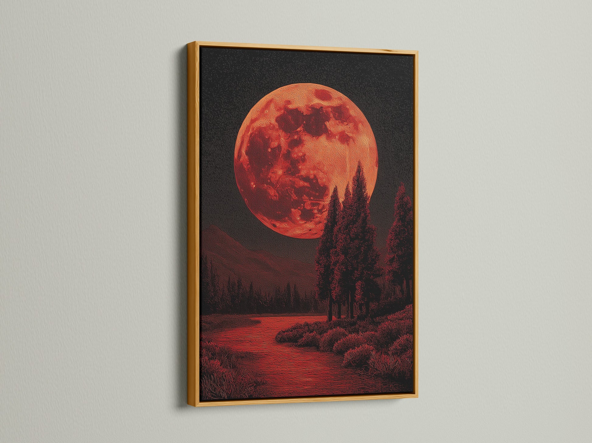 This blood moon landscape wall art is beautifully framed in gold. The celestial art piece enhances your gothic decor. It adds a touch of elegance and mystery to your living space. Add this to your collection now.