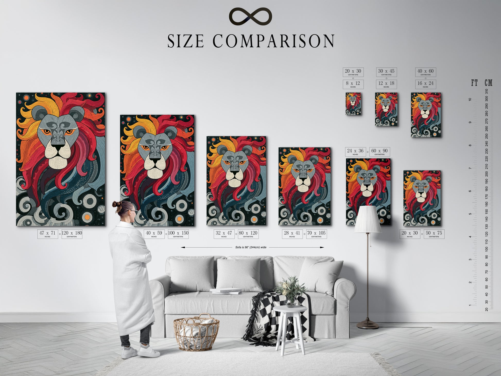 A size comparison chart is showcased in an interior setting. The chart helps visualize artwork dimensions. See how different sizes fit in a room. This helps you choose the perfect artwork size. Make informed art buying choices.