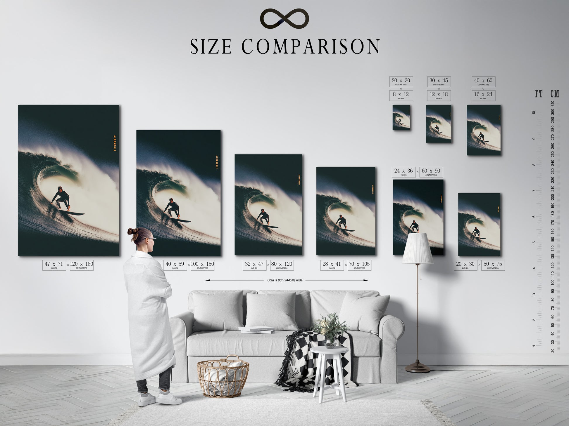A size comparison chart is displayed. The chart is set in an interior. Different sizes are shown side-by-side. This chart helps visualize artwork dimensions. Choose the perfect size for your space. Make an informed decision.