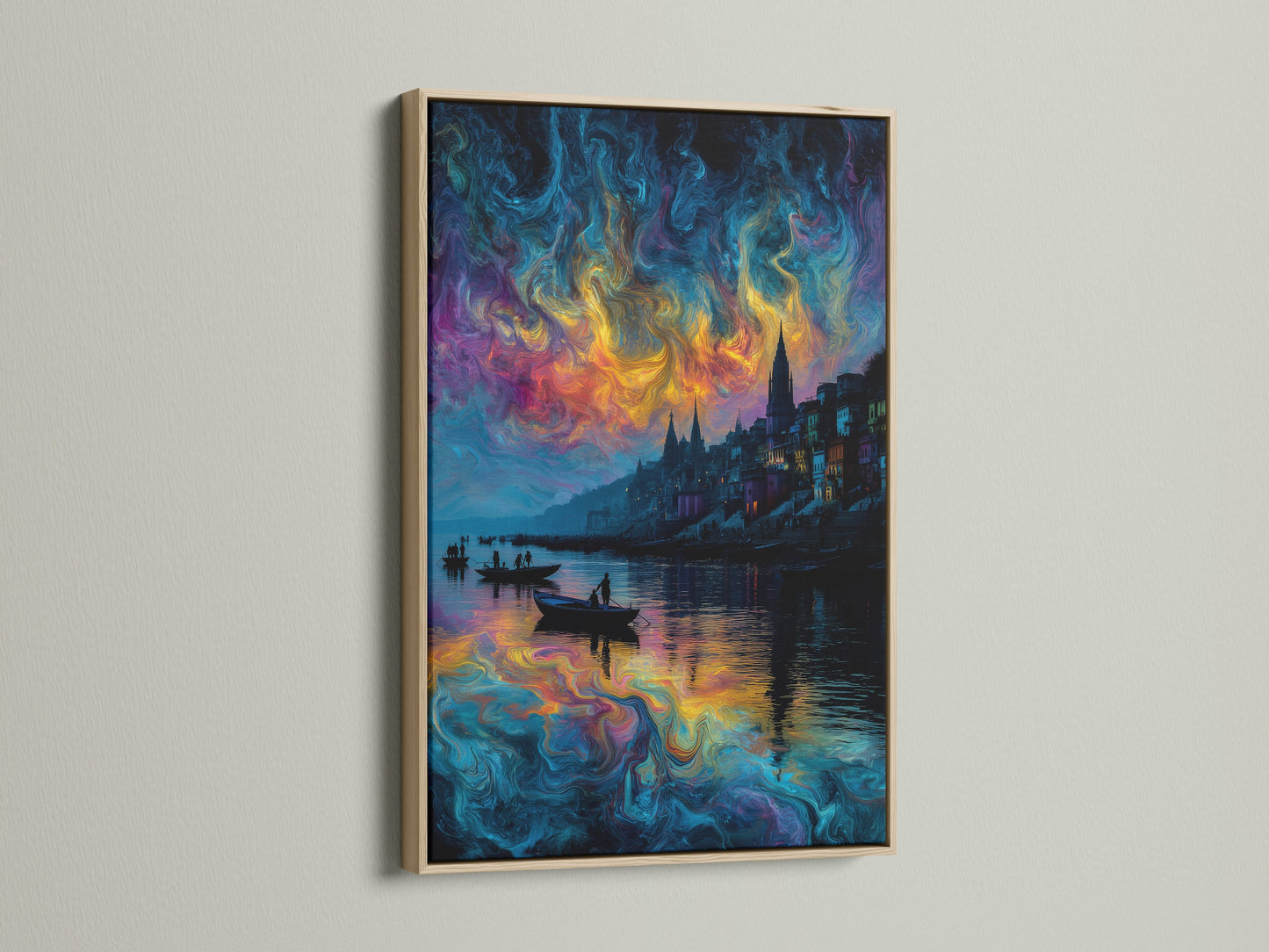 Abstract waterscape artwork with an oak frame. This contemporary wall decor complements minimalist interiors. The surreal cityscape features a swirling sky. This colorful wall art is perfect for office wall art.