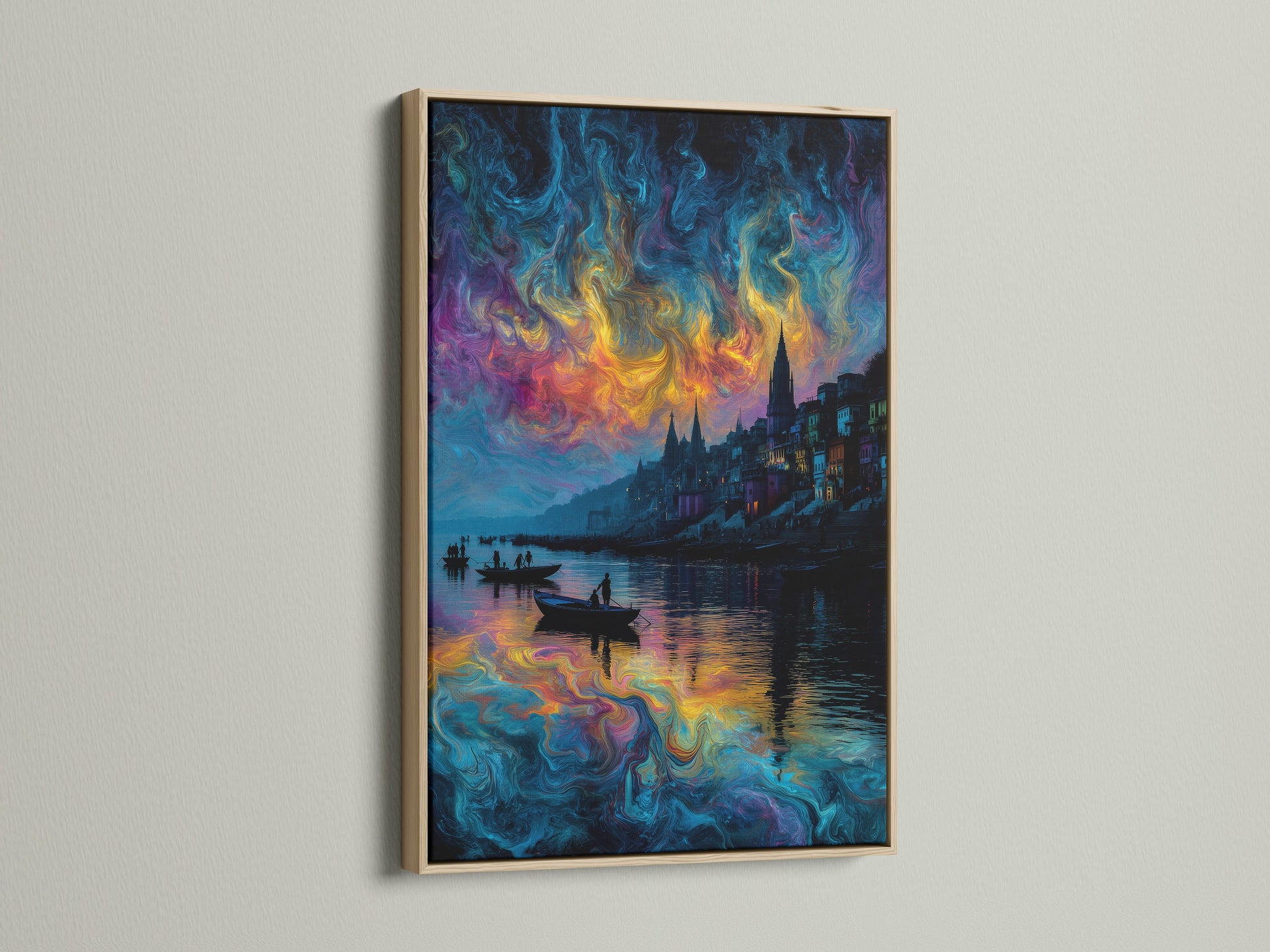 Abstract waterscape artwork with an oak frame. This contemporary wall decor complements minimalist interiors. The surreal cityscape features a swirling sky. This colorful wall art is perfect for office wall art.