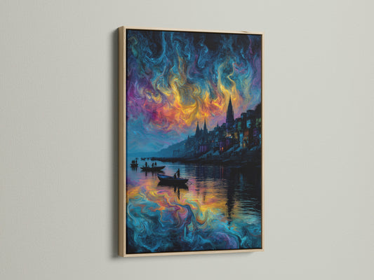 Abstract waterscape artwork with an oak frame. This contemporary wall decor complements minimalist interiors. The surreal cityscape features a swirling sky. This colorful wall art is perfect for office wall art.
