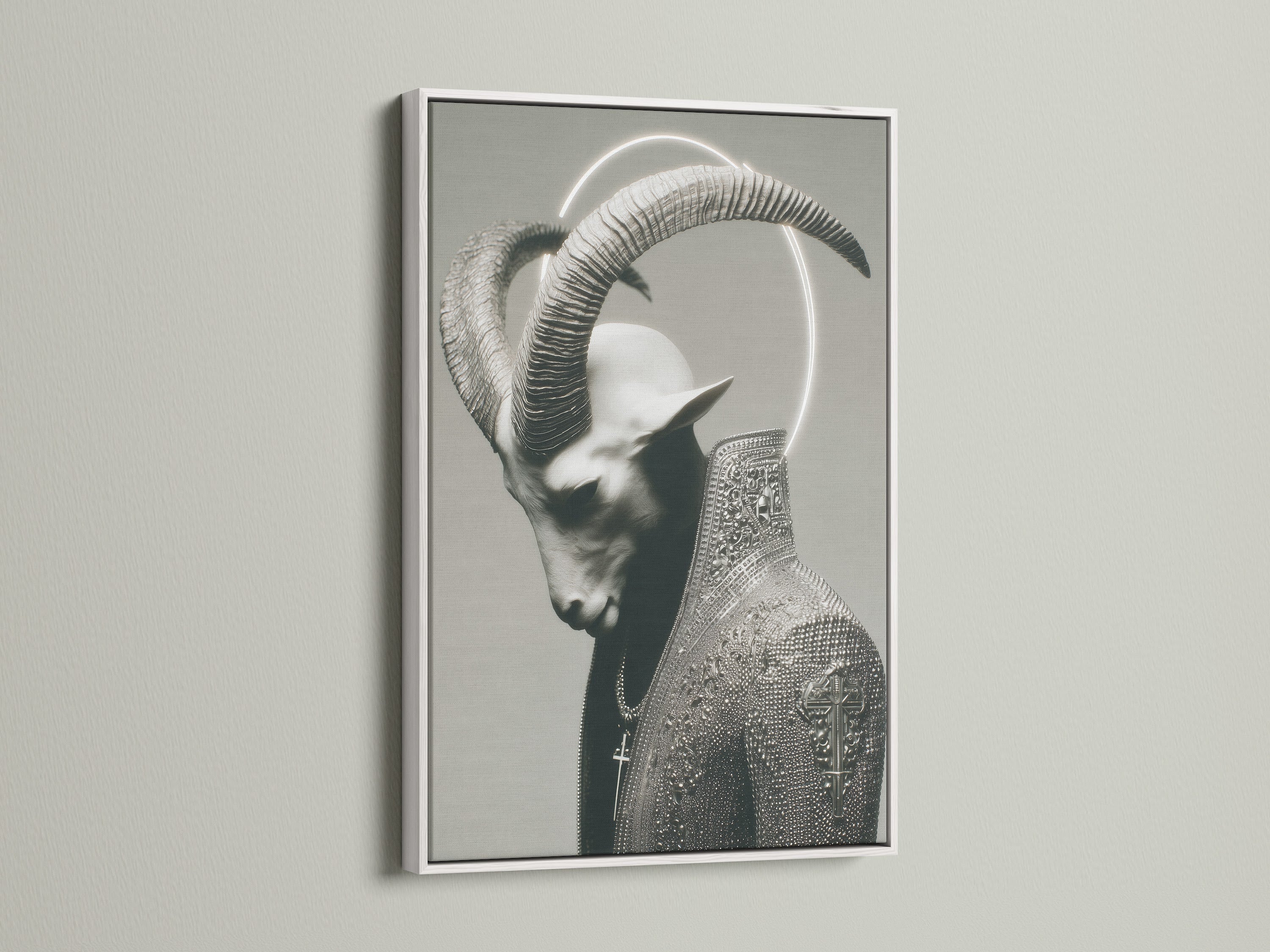 Gothic Horned Figure Art in a white frame. The artwork features a dark surreal portrait on canvas. It is occult wall decor. It is perfect for a modern bedroom wall. The white frame offers a clean look.