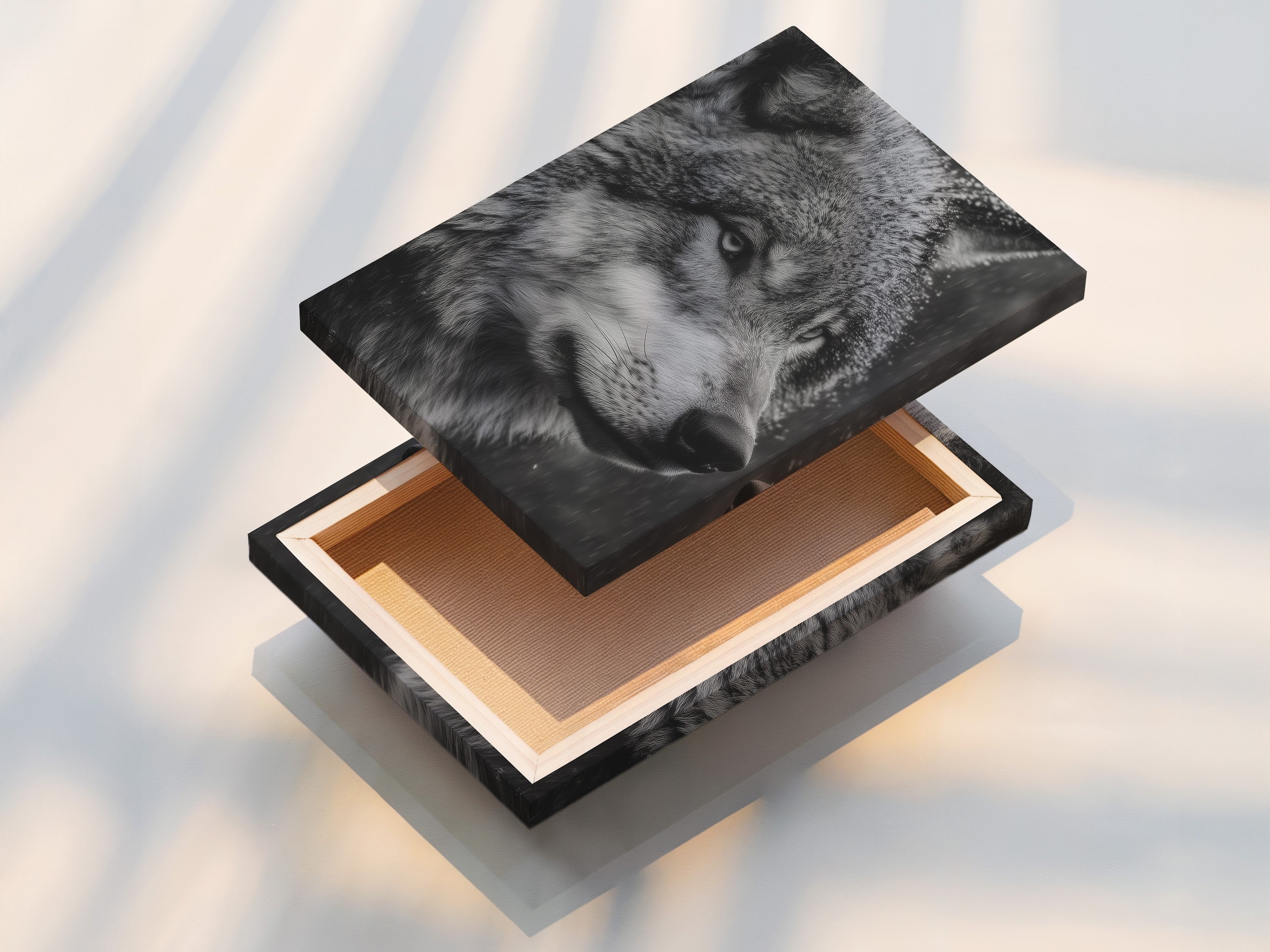 A stretched canvas print displays the captivating wolf portrait. Ready to hang and transform your space. The black and white wildlife art adds a touch of wilderness to your walls. Perfect for living rooms and offices.