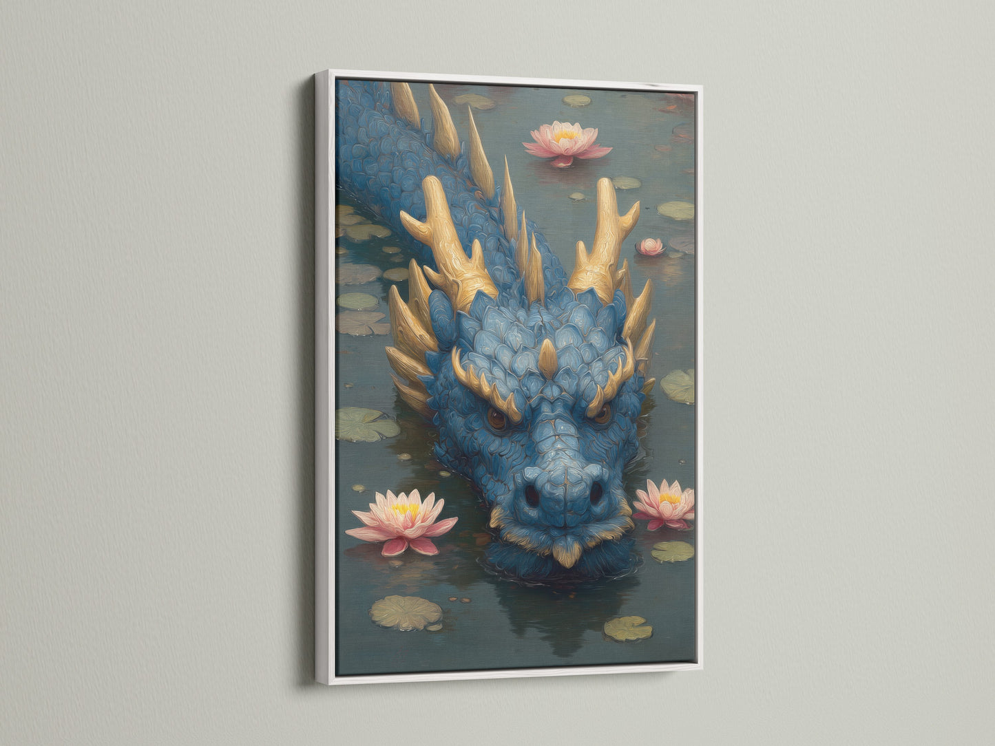 Artwork displayed in a clean white frame. The art features a blue dragon in a pond with pink lotus flowers. The white frame offers a modern and minimalist look. Perfect for adding sophistication to any room with framed art.