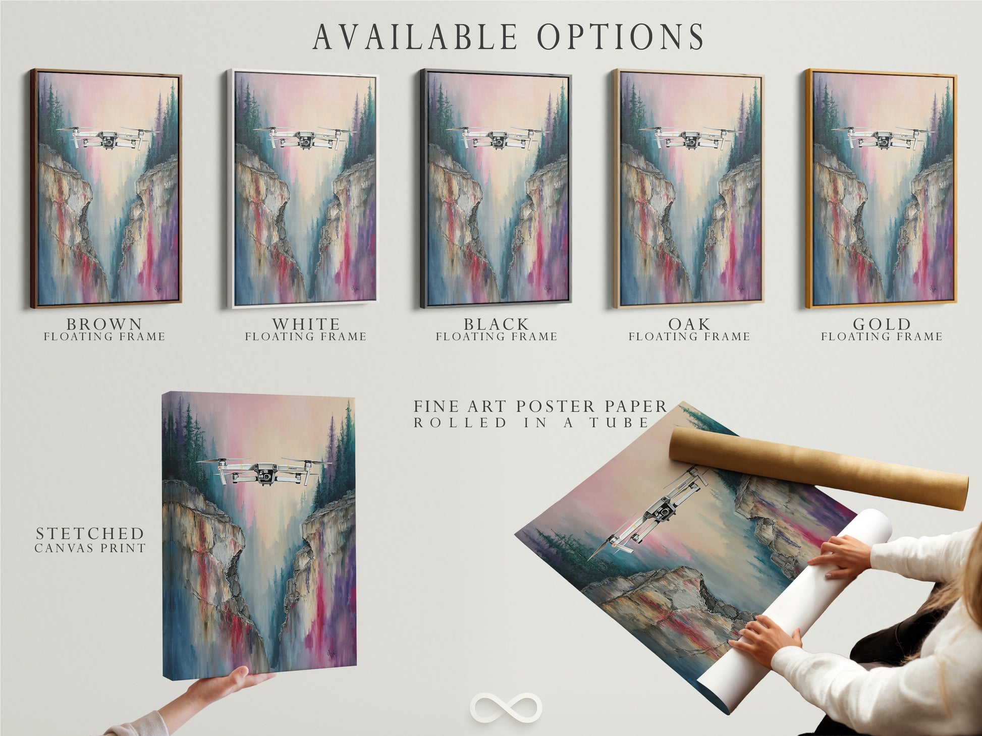 Available options for drone flight artwork are displayed. Choose from stretched canvas prints fine art poster paper or floating frames. This mountain cliff aerial view photography is customizable. Select the perfect format to complement your style. Enhance your space with modern artwork.