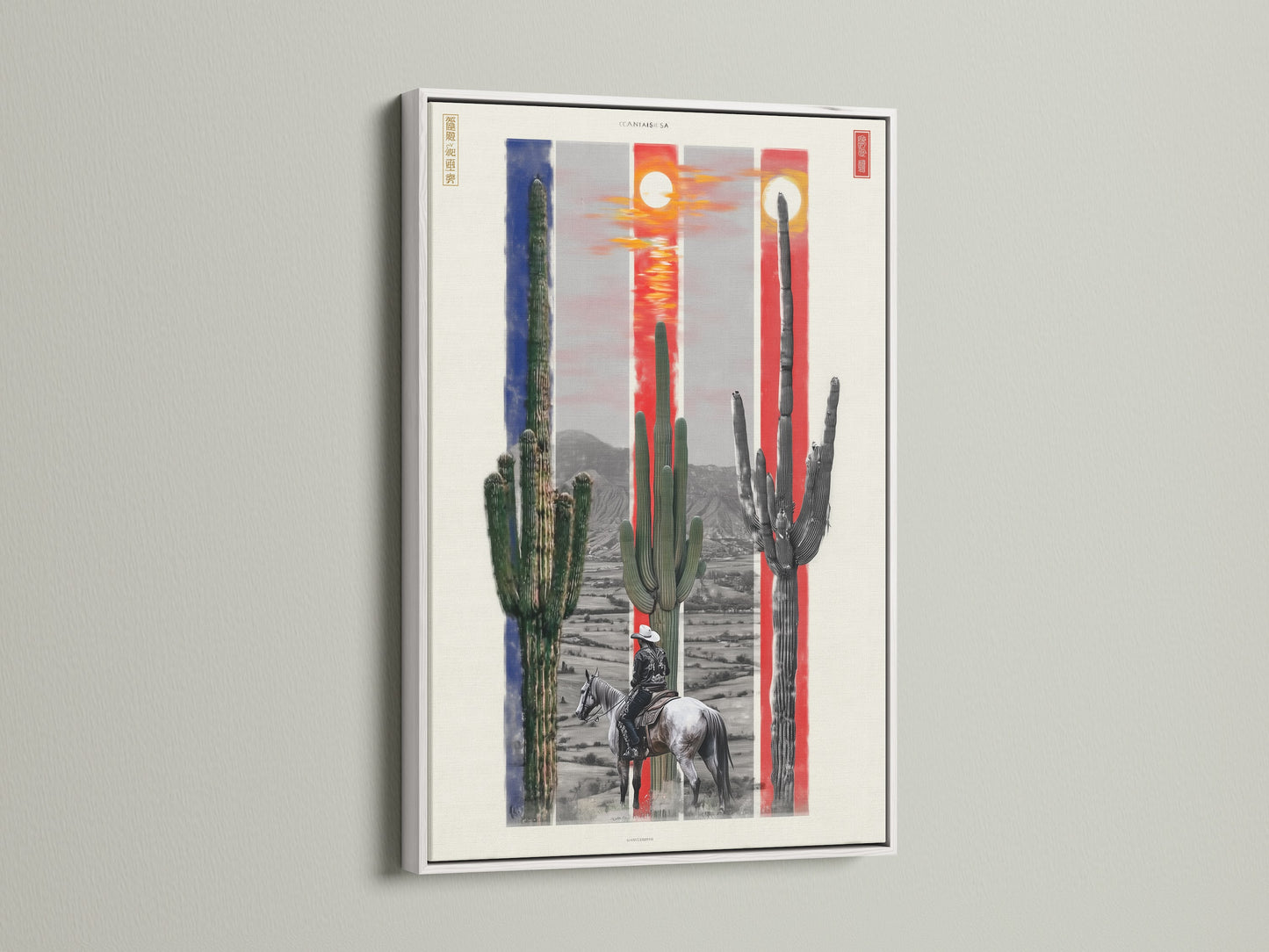This desert cactus artwork is showcased in a white frame. The white frame enhances the vibrant southwestern landscape. This piece brings a clean fresh look to any space. Featuring a cowboy on horseback it is ideal for adding a touch of western charm to your home.