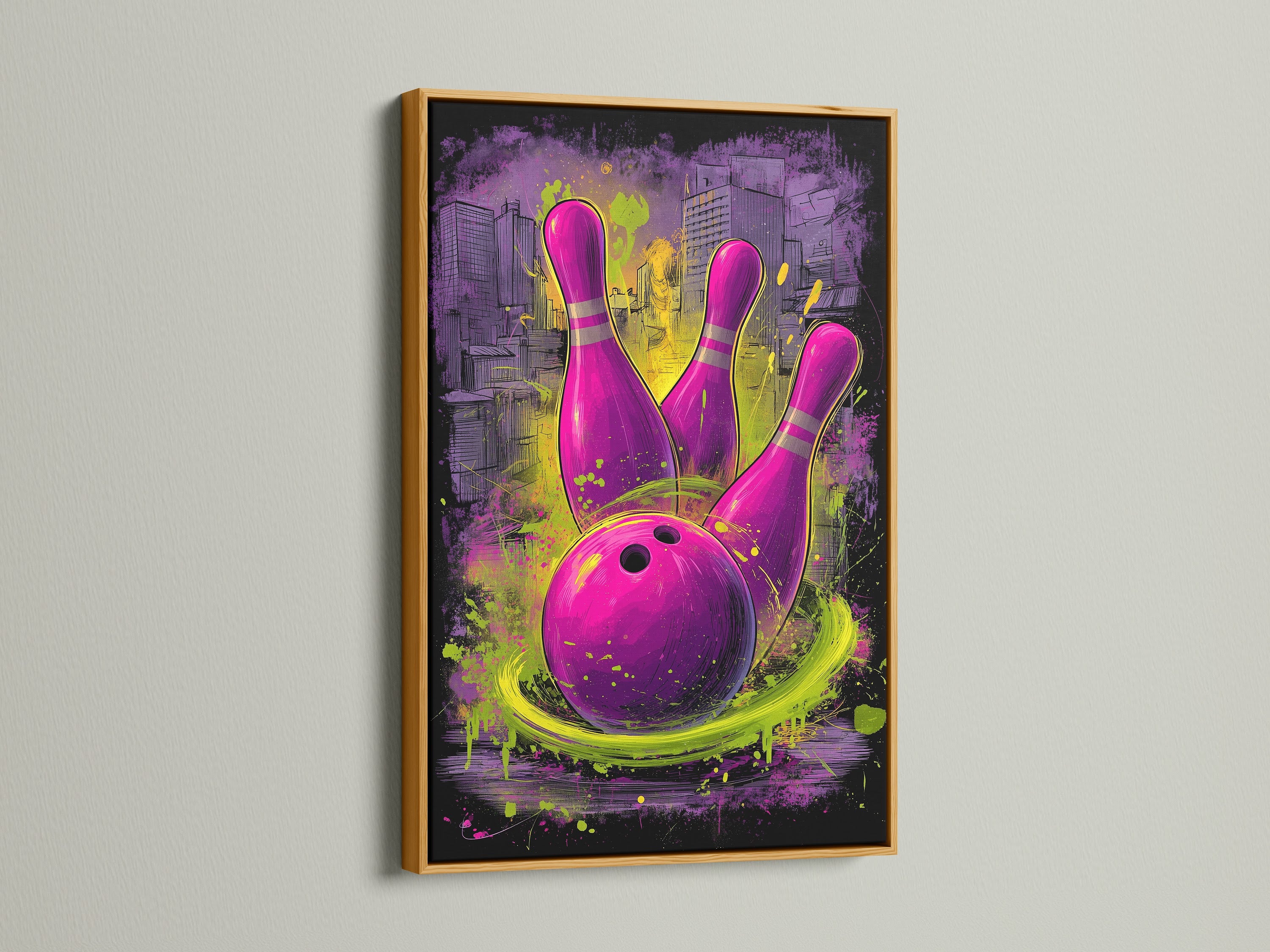 Bowling artwork is presented in a gold frame. The purple and green graffiti art print radiates sophistication. Ideal for enhancing a game room or man cave. The gold frame elevates the urban sports wall decor. This canvas print will add a touch of luxury to your space.
