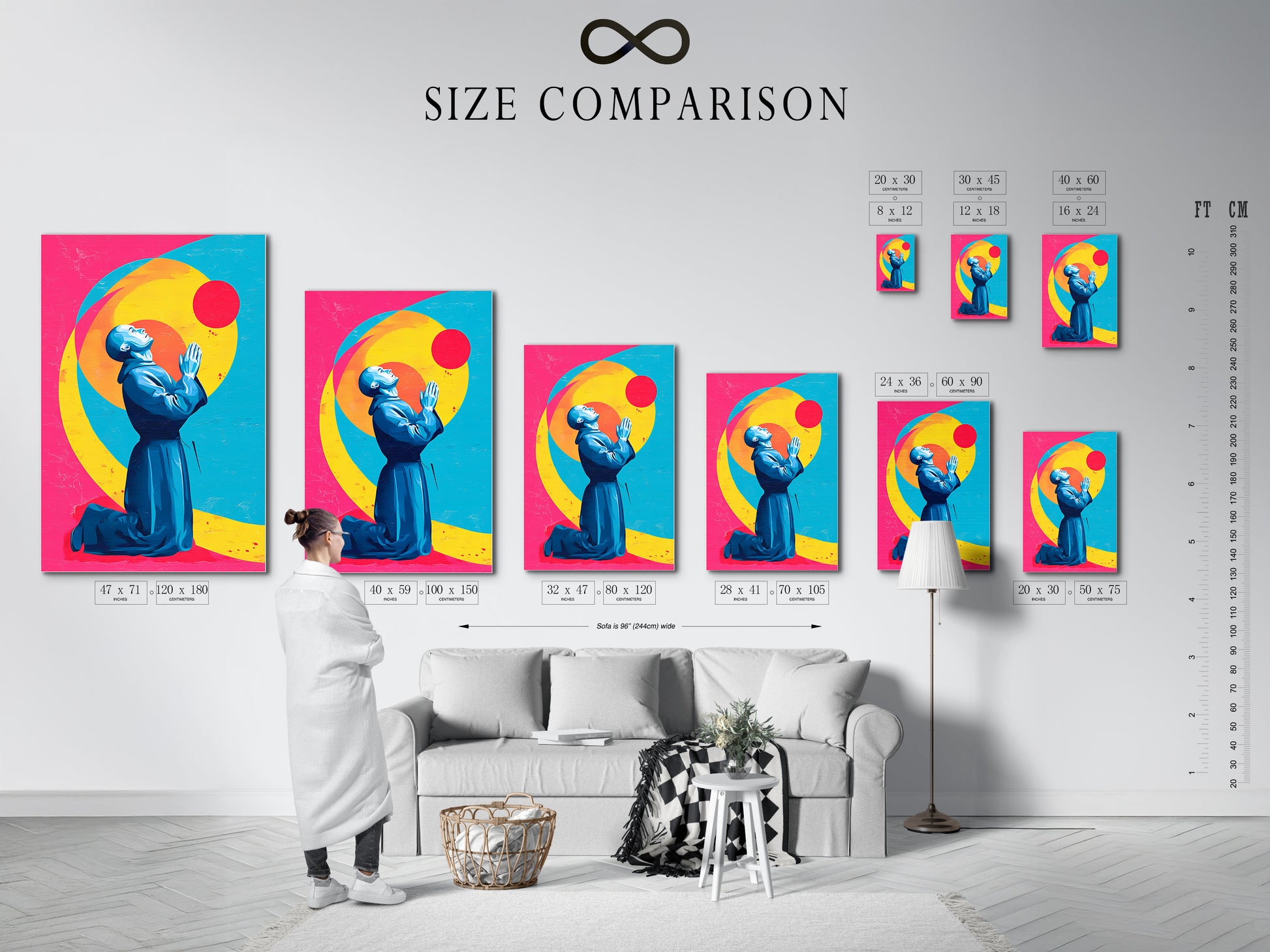 Size comparison chart of the Praying Figure artwork in an interior setting. See how this religious art fits in various spaces. Available as a canvas print or fine art poster. The teal blue and pink colors enhance any room.