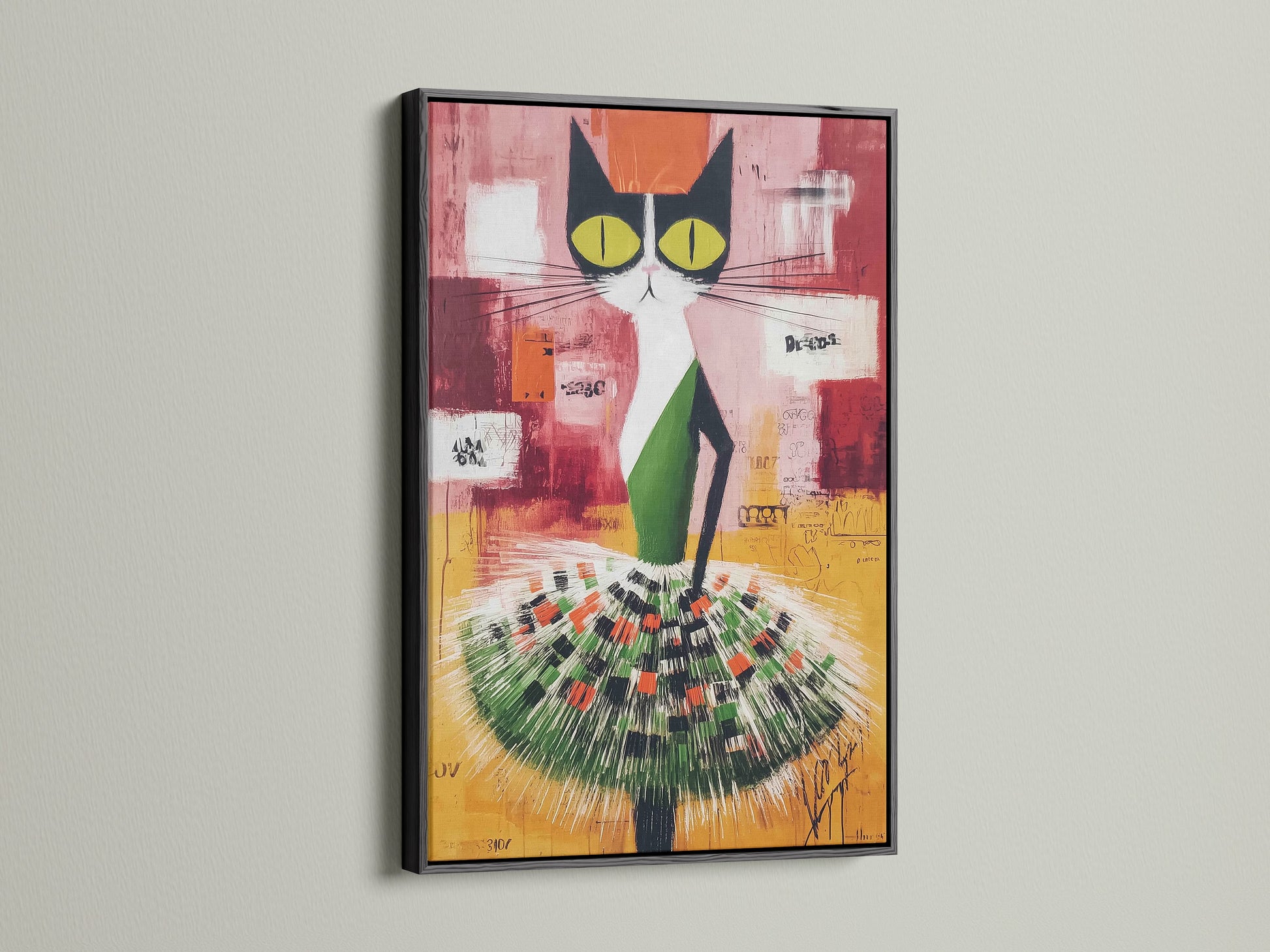 Abstract Cat artwork framed in sleek black. The modern animal art is a playful addition. This folk art canvas features green and orange accents. Enhance your space with this unique and colorful cat poster today.