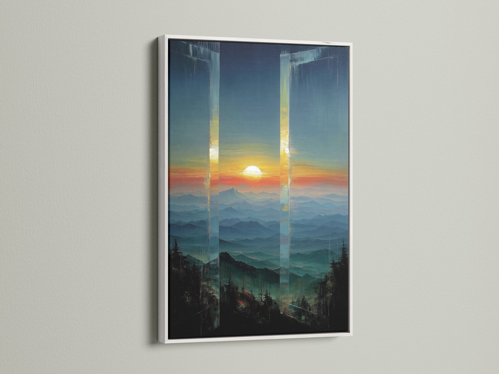 Mountain Sunset Canvas Artwork with a white frame. The bright white frame enhances the abstract landscape. Teal and orange tones bring warmth to this nature print. Suitable wall decoration for any room.