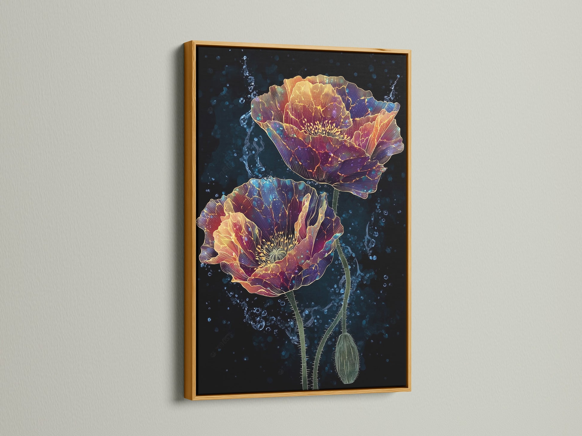 The floral poppy canvas artwork is beautifully highlighted in a gold frame. This botanical print adds a touch of luxury to your wall decor. Perfect for creating a sophisticated and inviting atmosphere. Explore our flower art prints and enhance your living room or office with stunning artwork.