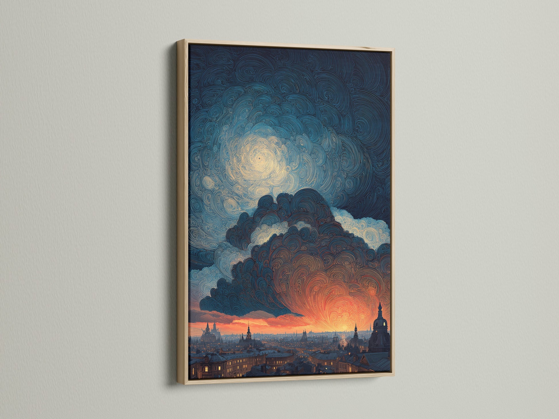 A close-up of the Swirling Sky artwork in an oak frame. The art showcases a cityscape under a dramatic swirling sky. The color palette includes blues and oranges. This frame enhances the artwork's contemporary style. Ideal for adding a touch of modern elegance.