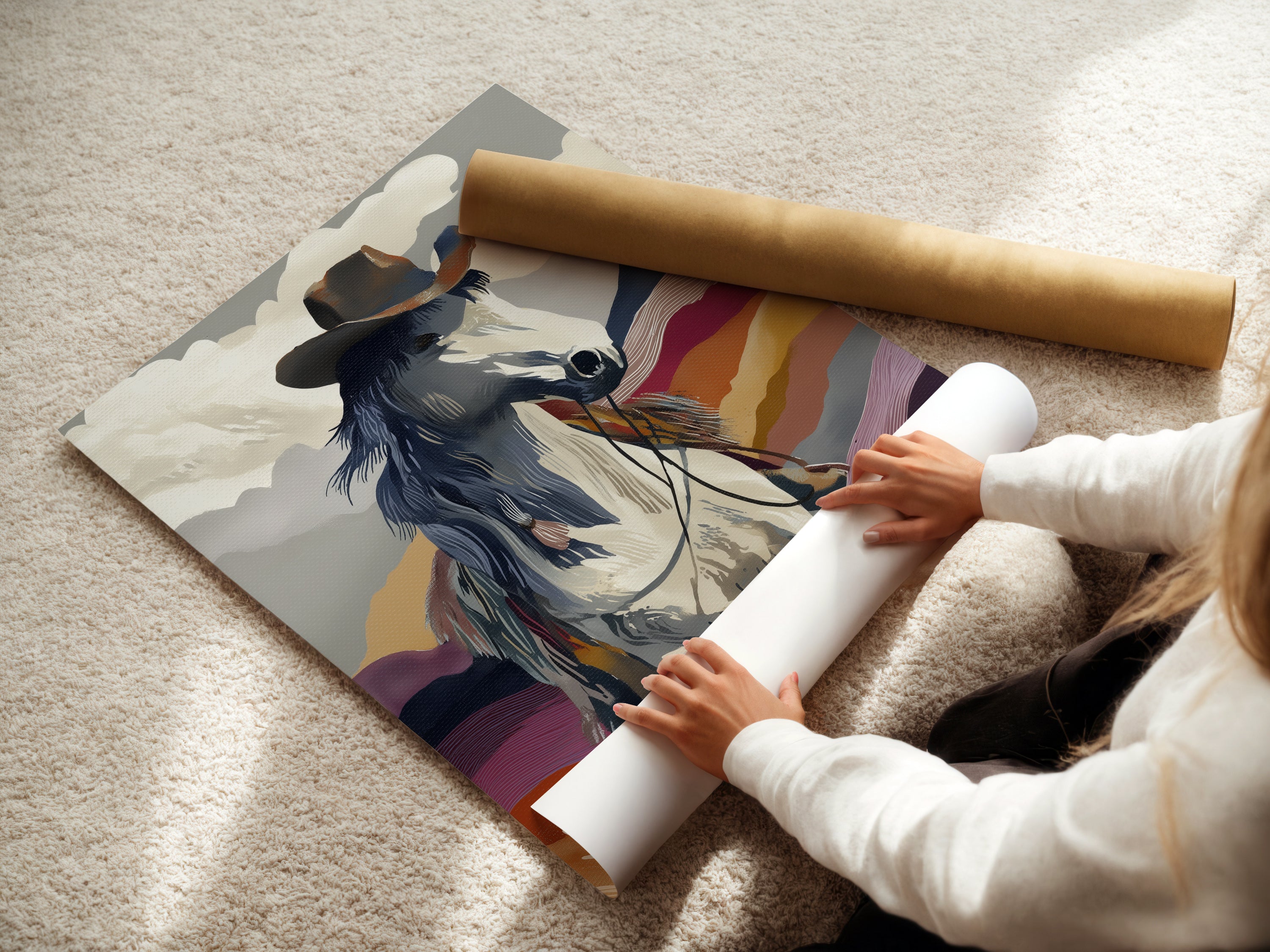 Woman carefully rolls a fine art poster paper featuring cowboy horse art. Preparing southwestern print for shipping ensures it arrives in perfect condition. This fine art poster paper is ideal for framing or adding to your collection.