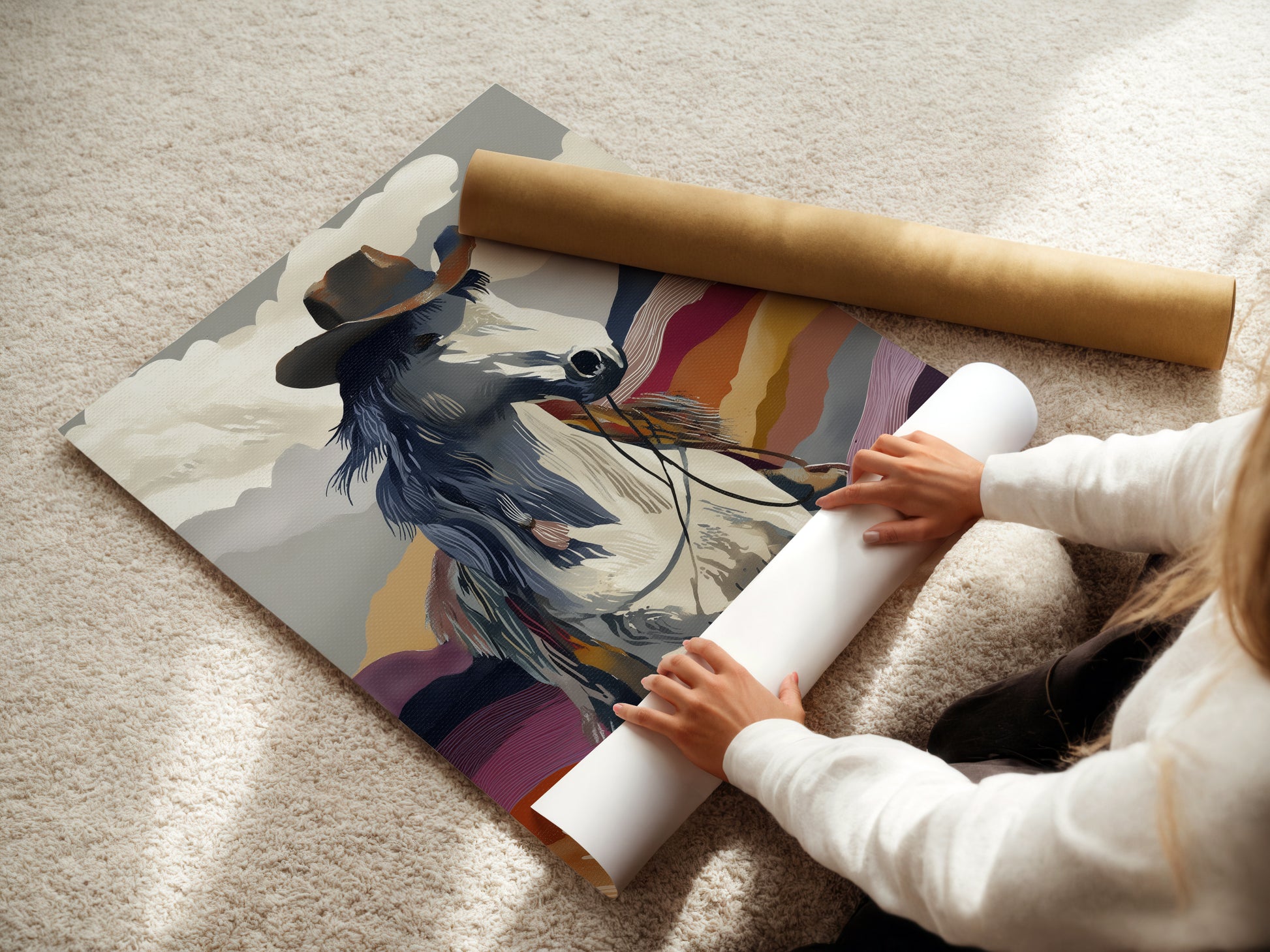 Woman carefully rolls a fine art poster paper featuring cowboy horse art. Preparing southwestern print for shipping ensures it arrives in perfect condition. This fine art poster paper is ideal for framing or adding to your collection.
