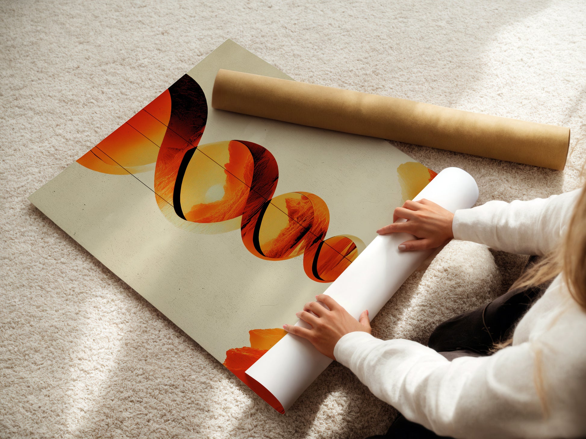 A woman is carefully rolling a fine art poster paper. The paper features abstract geometric artwork with orange and red hues. High quality printing ensures vibrant colors. Perfect for those seeking elevated abstract art. This poster adds a contemporary touch to any space. Ideal for modern minimalist and Scandinavian interiors. Enhance your home today.