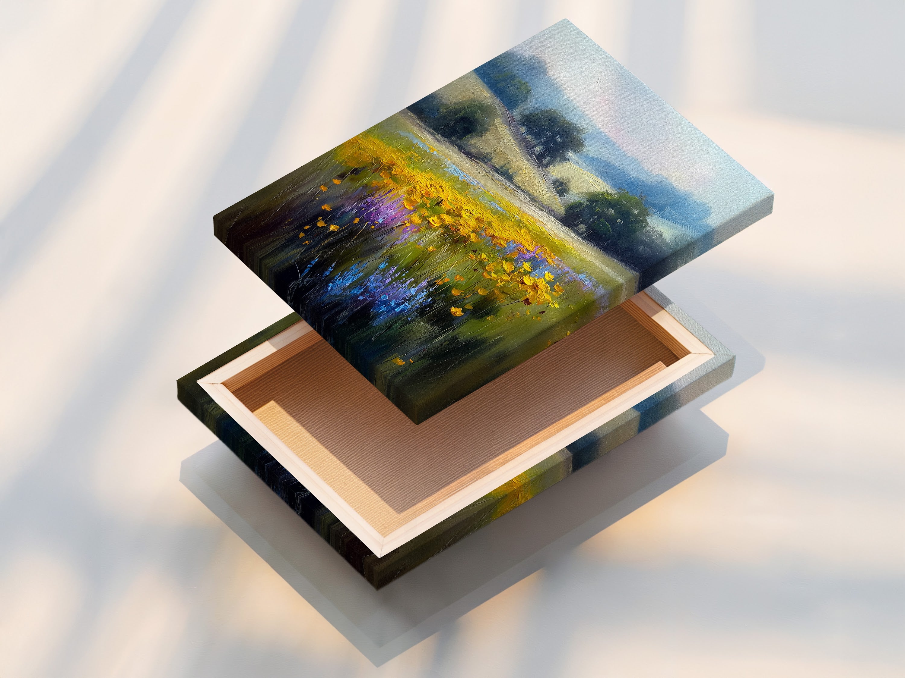 A stretched canvas print of the wildflower meadow artwork. The artwork is ready to hang and enjoy. The impressionist landscape brings nature indoors. Perfect for living room wall art or bedroom decor. The canvas showcases the vibrant colors of the yellow flowers and purple blooms.