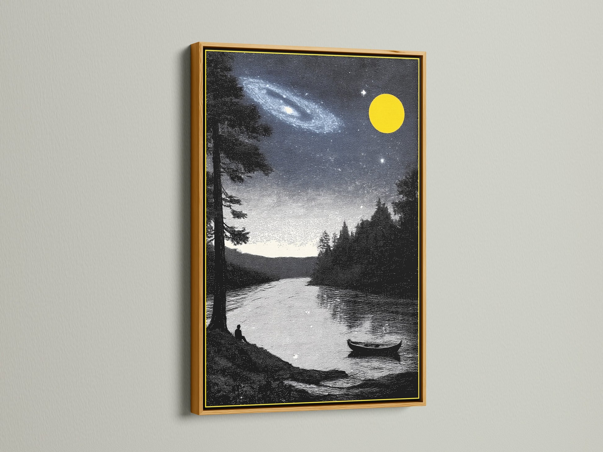 Night Sky Landscape artwork with a gold frame. The galaxy and lake wall art enhance any space. This celestial scenery print brings cosmic beauty. Perfect for those seeking astronomy decor or nature canvas art. Elevate your interior.