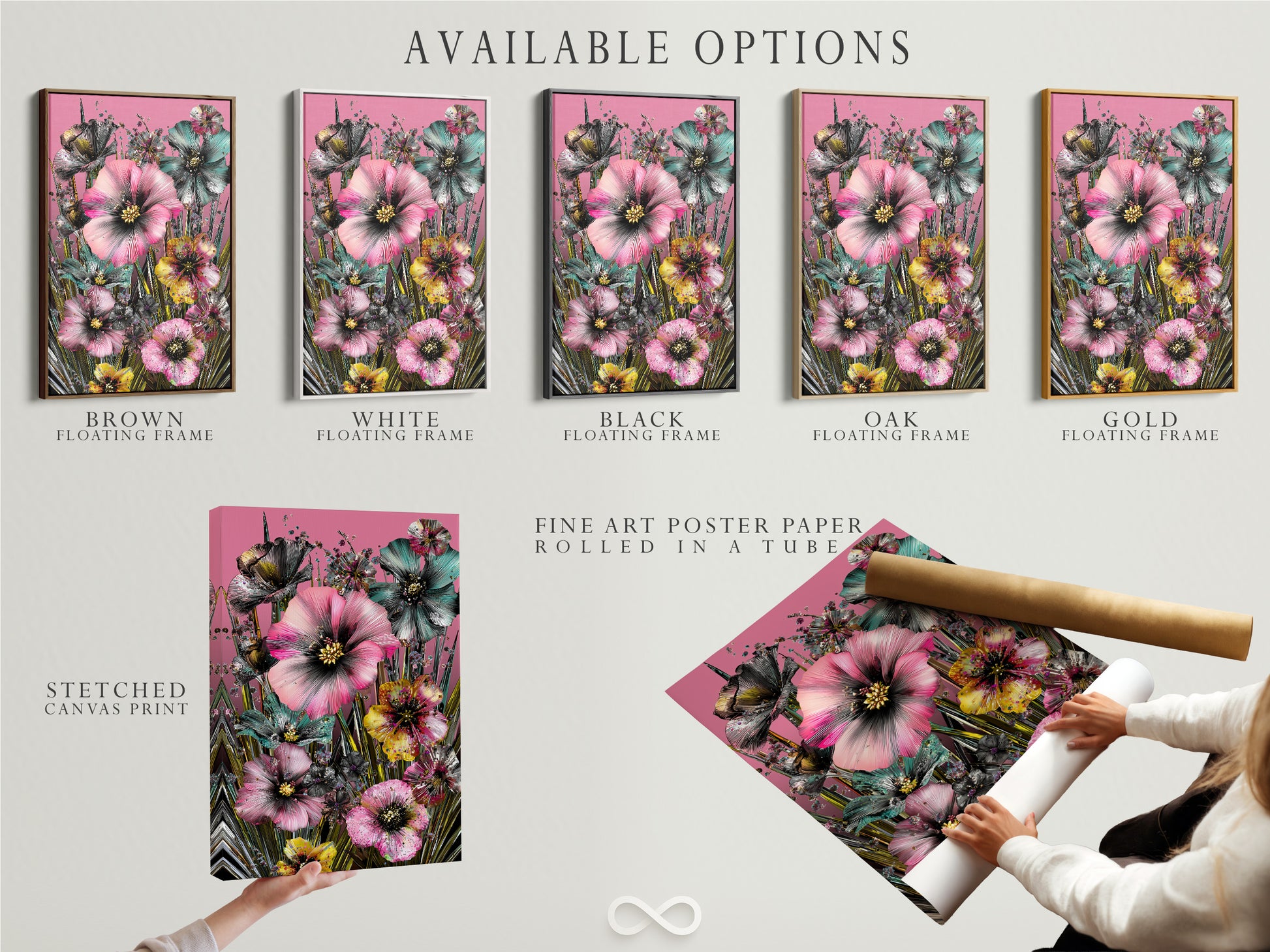 Available options for tropical floral artwork including stretched canvas print fine art poster paper and floating frame. Select the perfect format to match your style. Pink hibiscus flowers bring vibrant botanical beauty.