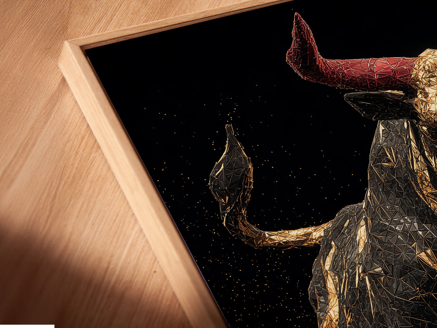 This is an angled close-up of a canvas print in a floating frame. The floating frame enhances the artwork. The canvas print adds texture and depth. This framed artwork brings a modern touch to any room. Experience the beauty of this canvas print. It's a stylish way to showcase art.