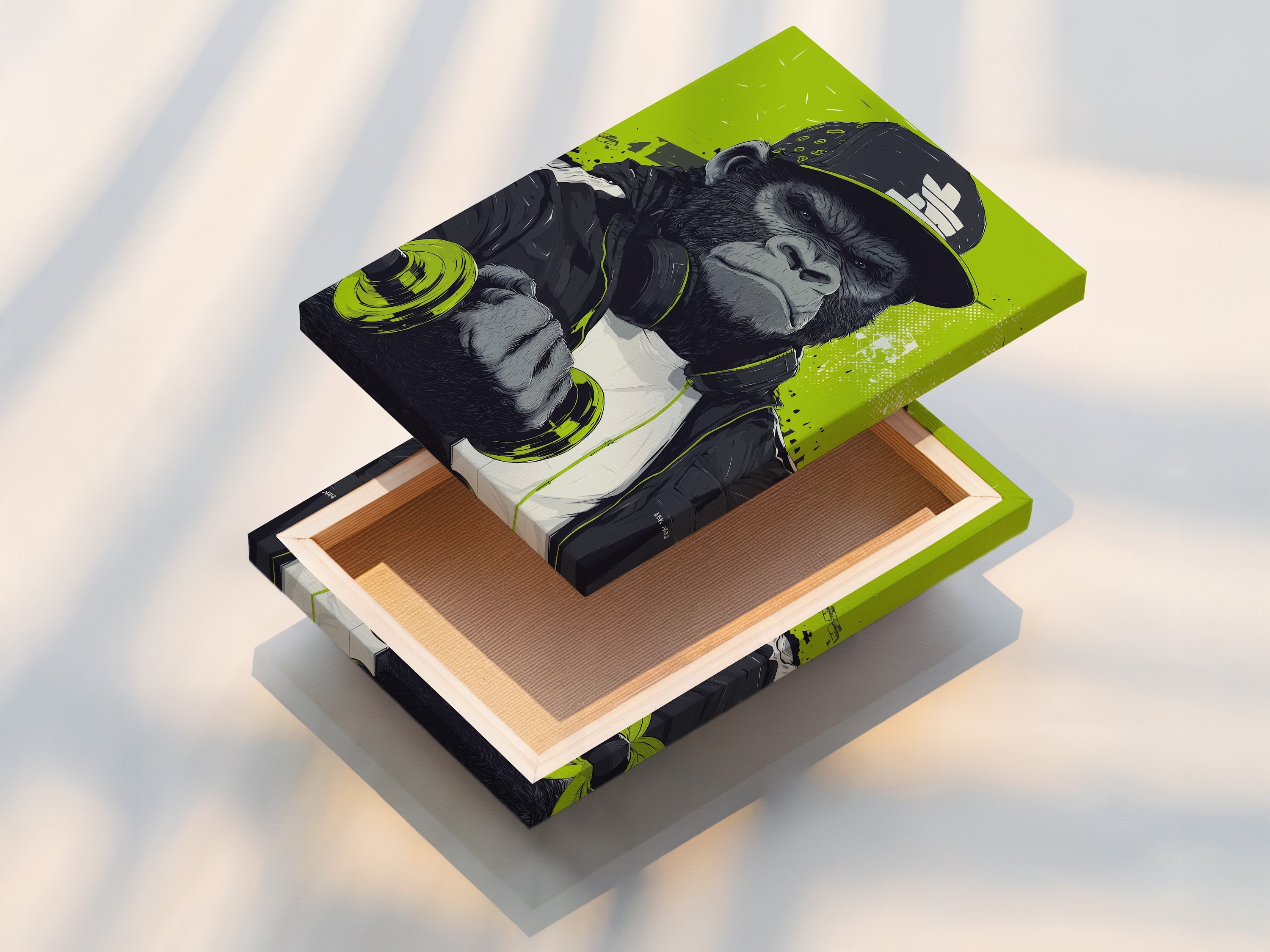 This is a stretched canvas print of the gorilla workout artwork. The art is ready to hang and transform your gym wall decor. The stretched canvas enhances the urban animal art. It is a durable option for your home gym or office space. This is a great piece of motivational art.