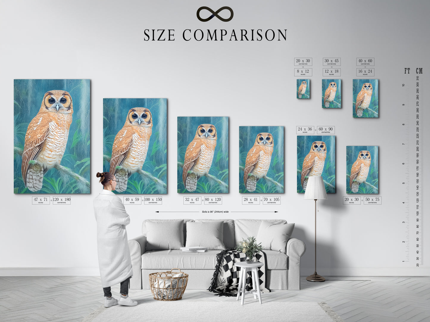 A size comparison chart is displayed in an interior setting. This chart demonstrates the different artwork sizes available. Helping you choose the perfect fit for your space. Visualize how each size will look in your home. Ensure the artwork complements your decor seamlessly.