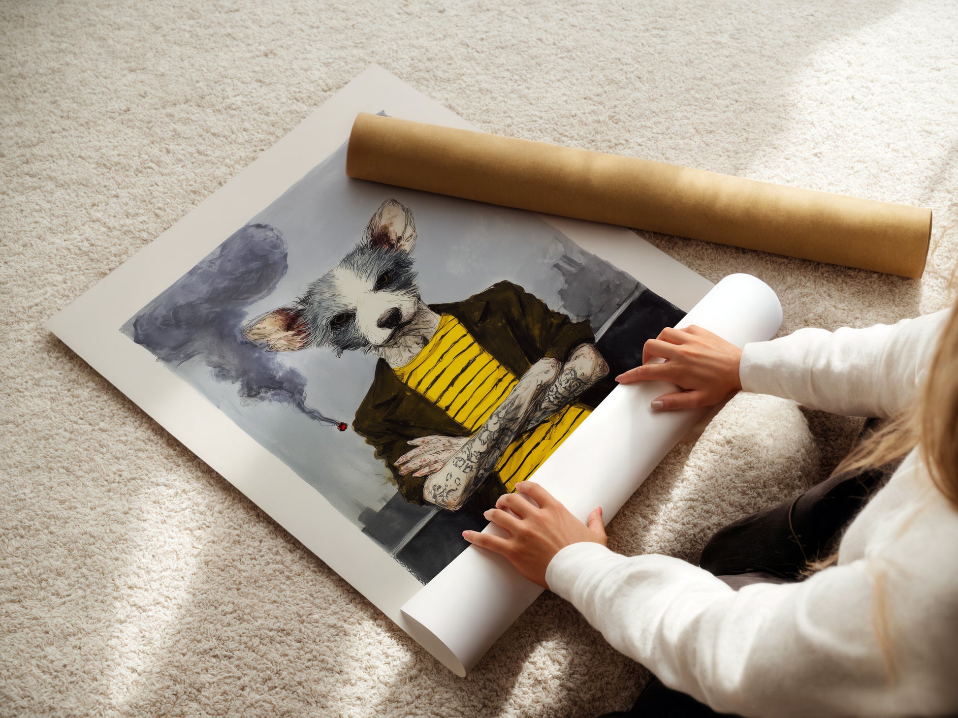 A woman is carefully rolling a fine art poster paper featuring quirky dog portrait art. The anthropomorphic animal artwork is about to be displayed. The poster paper ensures high-quality presentation of this whimsical pet art. The artwork features primary color yellow and secondary color grey.