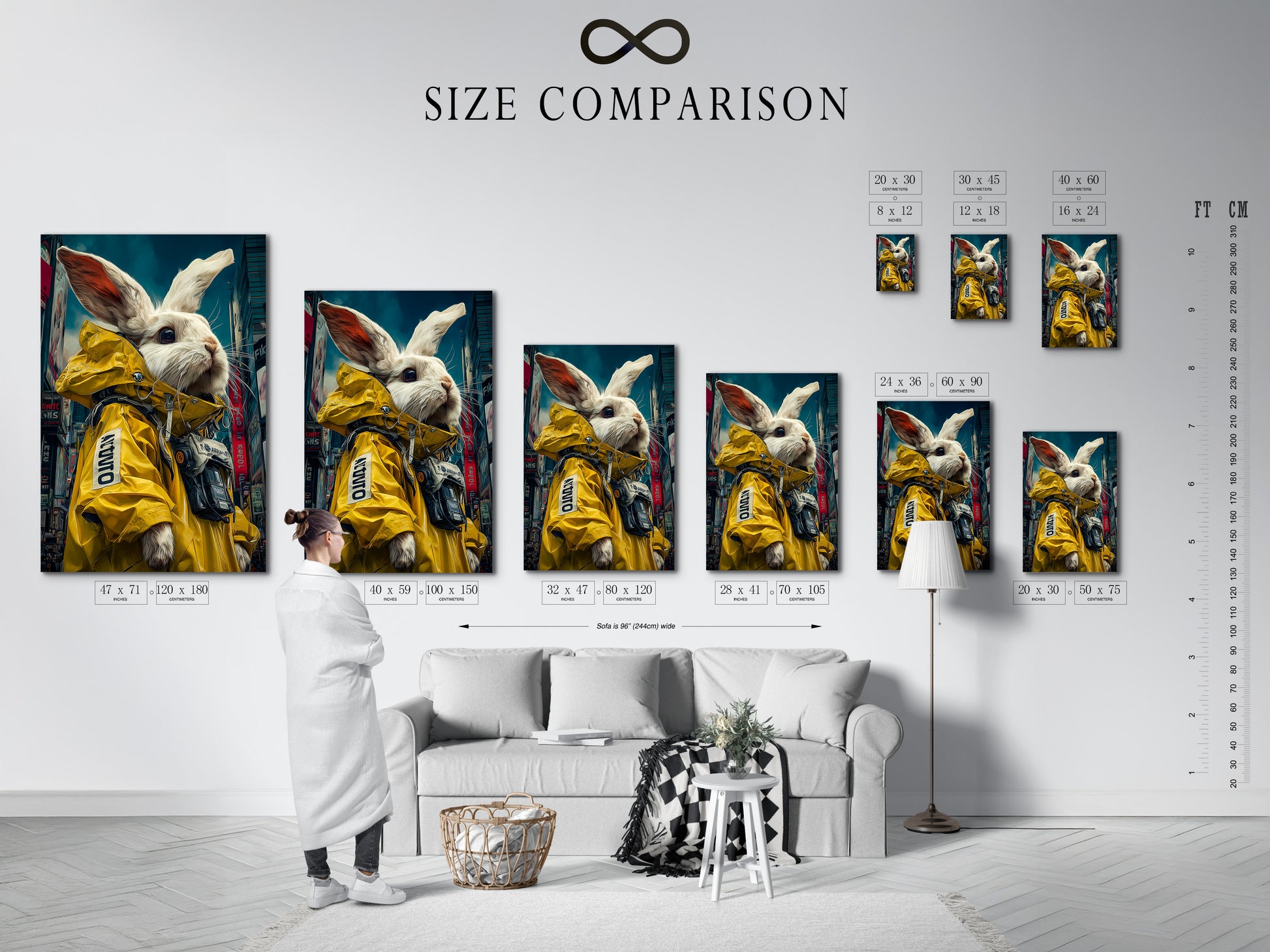 A size comparison chart is shown in an interior setting. The chart helps visualize the cyberpunk rabbit art print in different sizes. This artwork is ideal for modern spaces or urban themed homes. It is perfect for gaming rooms or offices. Available as a canvas or fine art print.