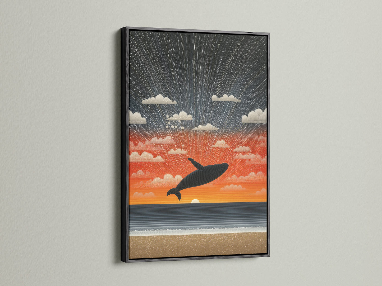 Whale Sunset ocean artwork in a black frame. A black frame provides a bold and classic appearance. It adds sophistication to your wall decor. It makes a statement in any setting.