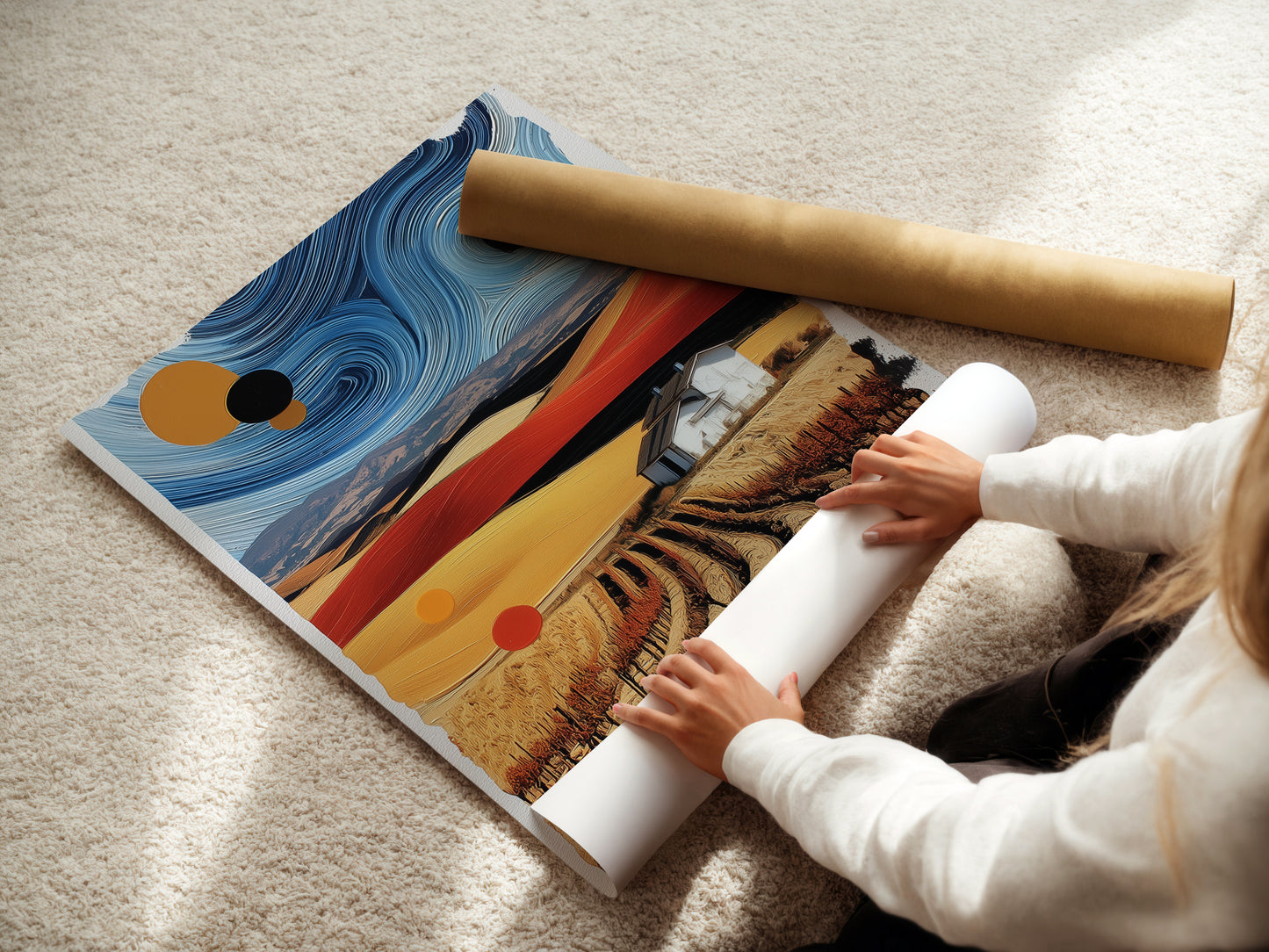 A woman is carefully rolling a fine art poster paper. Preparing abstract landscape artwork for display. The surreal farm art is handled with care. Ensuring the contemporary art arrives in perfect condition. Ready to enhance your country wall decor with this beautiful piece.