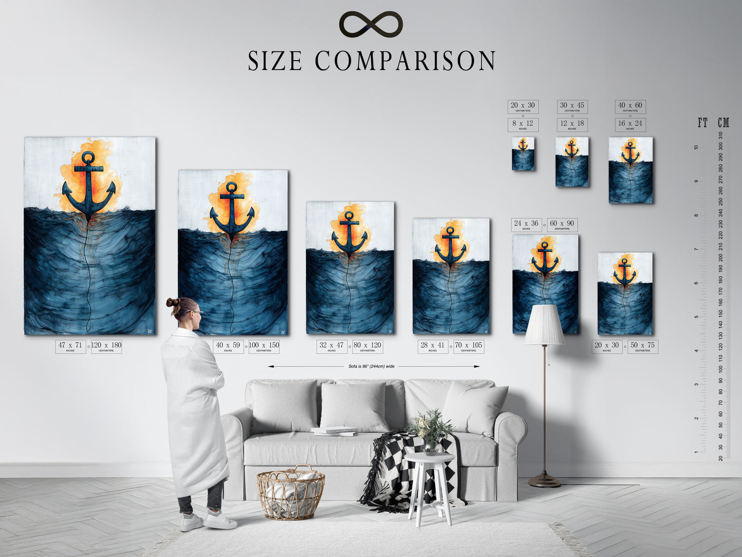 Size comparison chart in an interior setting. The art features an anchor and ocean waves. Visualize the perfect fit for your space with our size options. Find the ideal dimensions for your nautical wall art. Enhance your home with coastal prints.