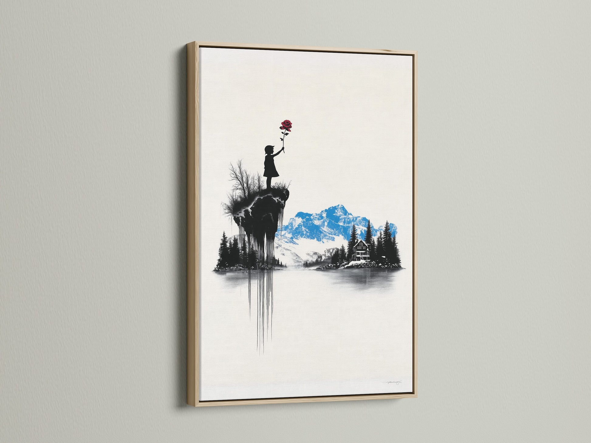 Artwork featuring an oak frame. The art inside depicts a child holding a red flower. Mountains and a house are in the background. The oak frame adds a touch of natural elegance.