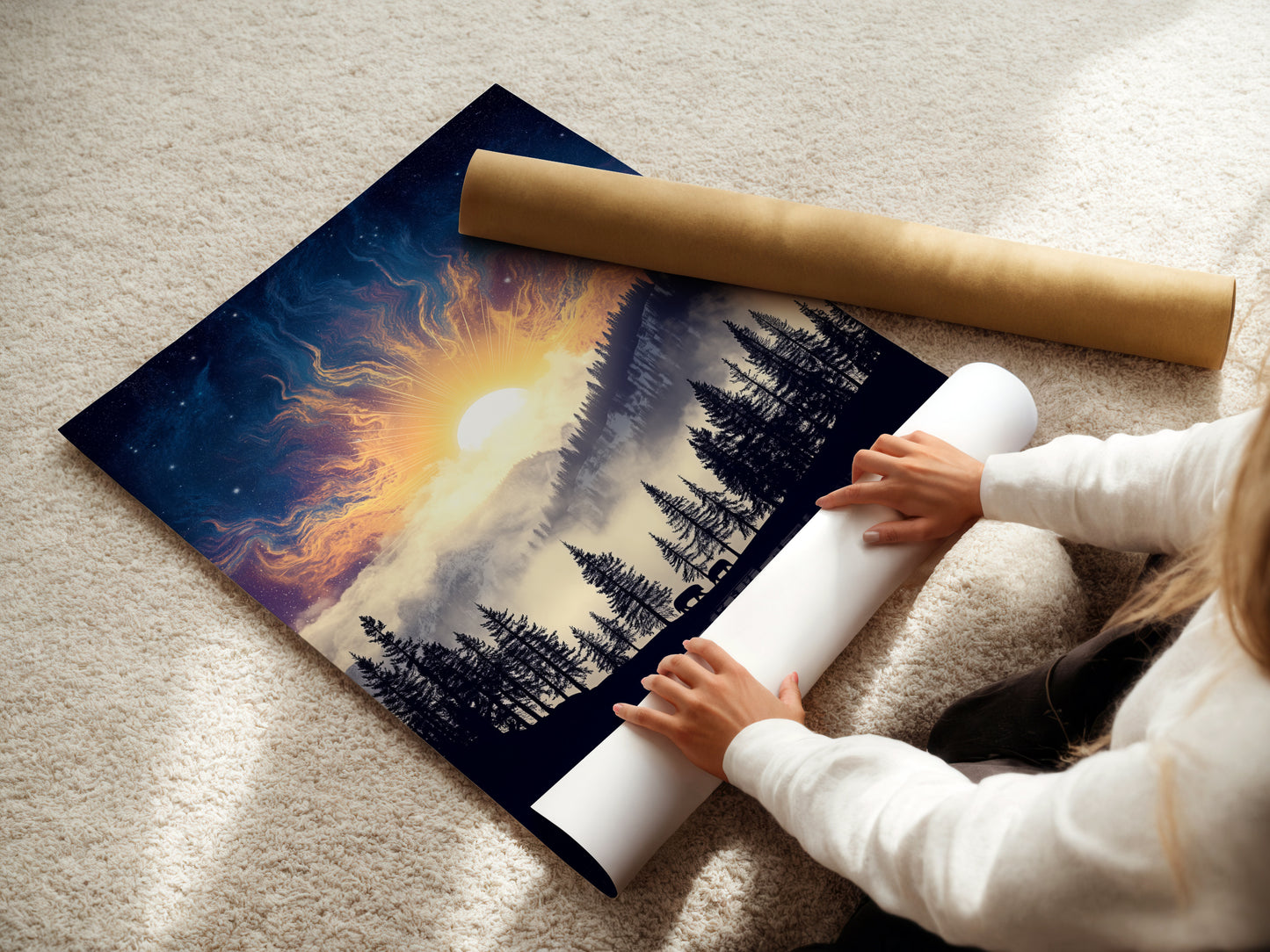 A woman is carefully rolling a fine art poster paper of the Mountain Lake artwork. This nature print is perfect for framing. Add celestial sky and pine trees to your space. Get wilderness art for your home. Ideal for bedroom decor and mountain decor.