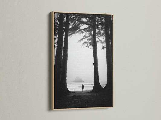 Framed artwork of a black and white beach scene. The print is surrounded by an oak frame. The oak frame enhances the artwork. It brings warmth and natural beauty to the space. Discover the appeal of oak framed art.