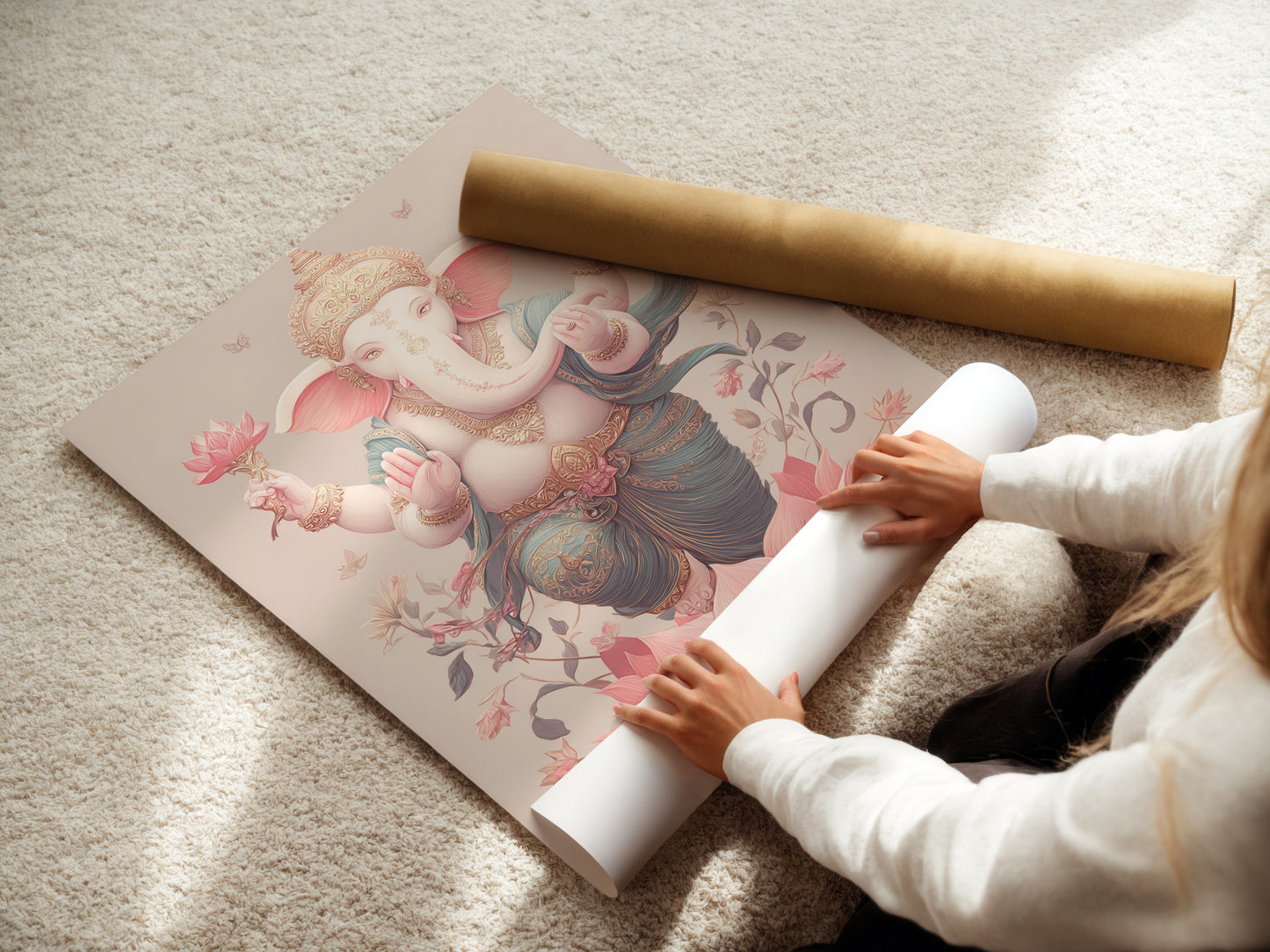 Elephant Deity Art Print - Spiritual Wall Decor, Lotus Flower Artwork, Hindu Inspired Home Decor, Sacred Animal Art, Meditation Room