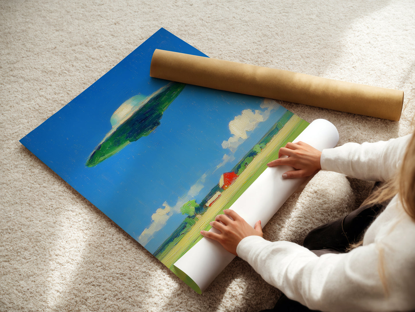 A woman carefully rolls a fine art poster paper. The UFO art print will soon be ready to display. Our fine art posters capture every detail of the original painting. They are perfect for adding retro space decor to your home. Order your UFO poster today.