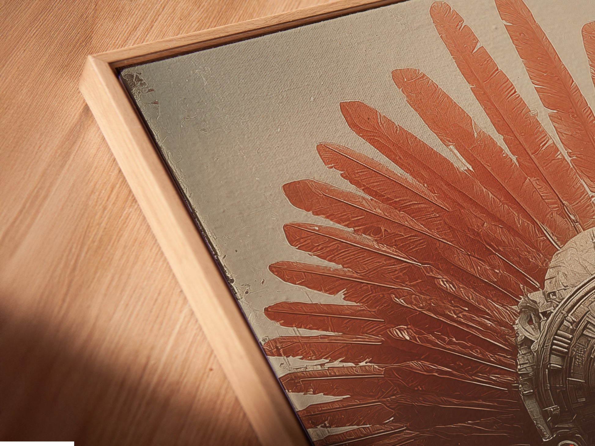 A close-up angled view of a canvas print in a floating frame is shown. The frameless style enhances the artwork's depth. The artwork features an indigenous person with red feathers and a temple. Experience the unique appeal of floating frame canvas prints.