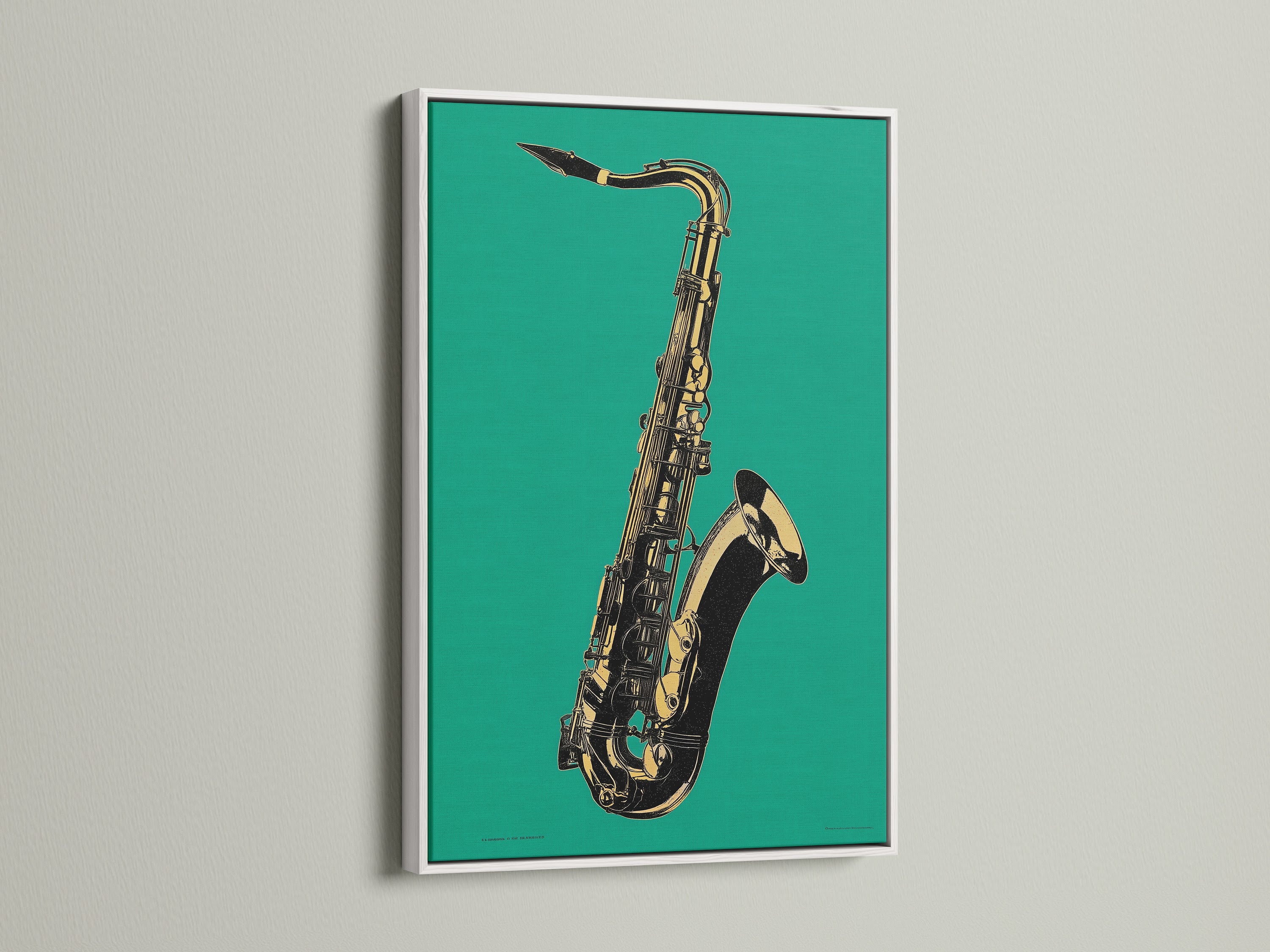 Brighten your decor with this saxophone art in a white frame. The teal green artwork adds a pop of color. It's ideal for music room decor. This jazz canvas art complements any space. Discover music wall decor for your home or office.