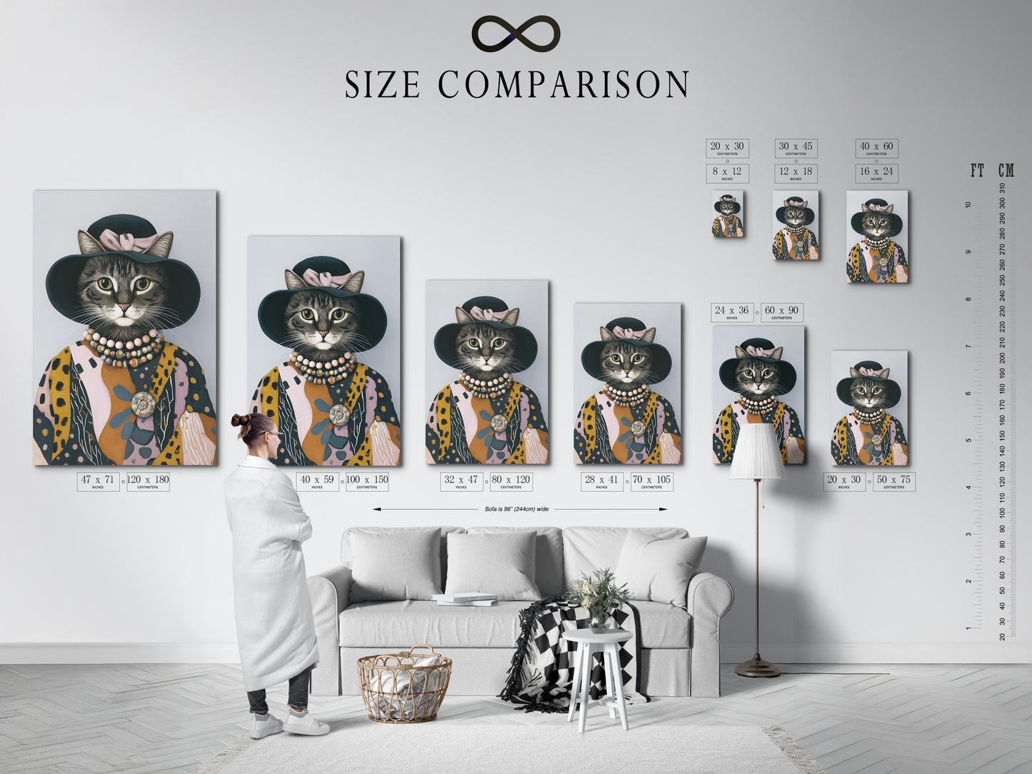 A size comparison chart for vintage cat portrait art is displayed in an interior setting. Visualize the perfect fit for your space. Choose from various sizes of animal wall decor. Find the right portrait wall art.