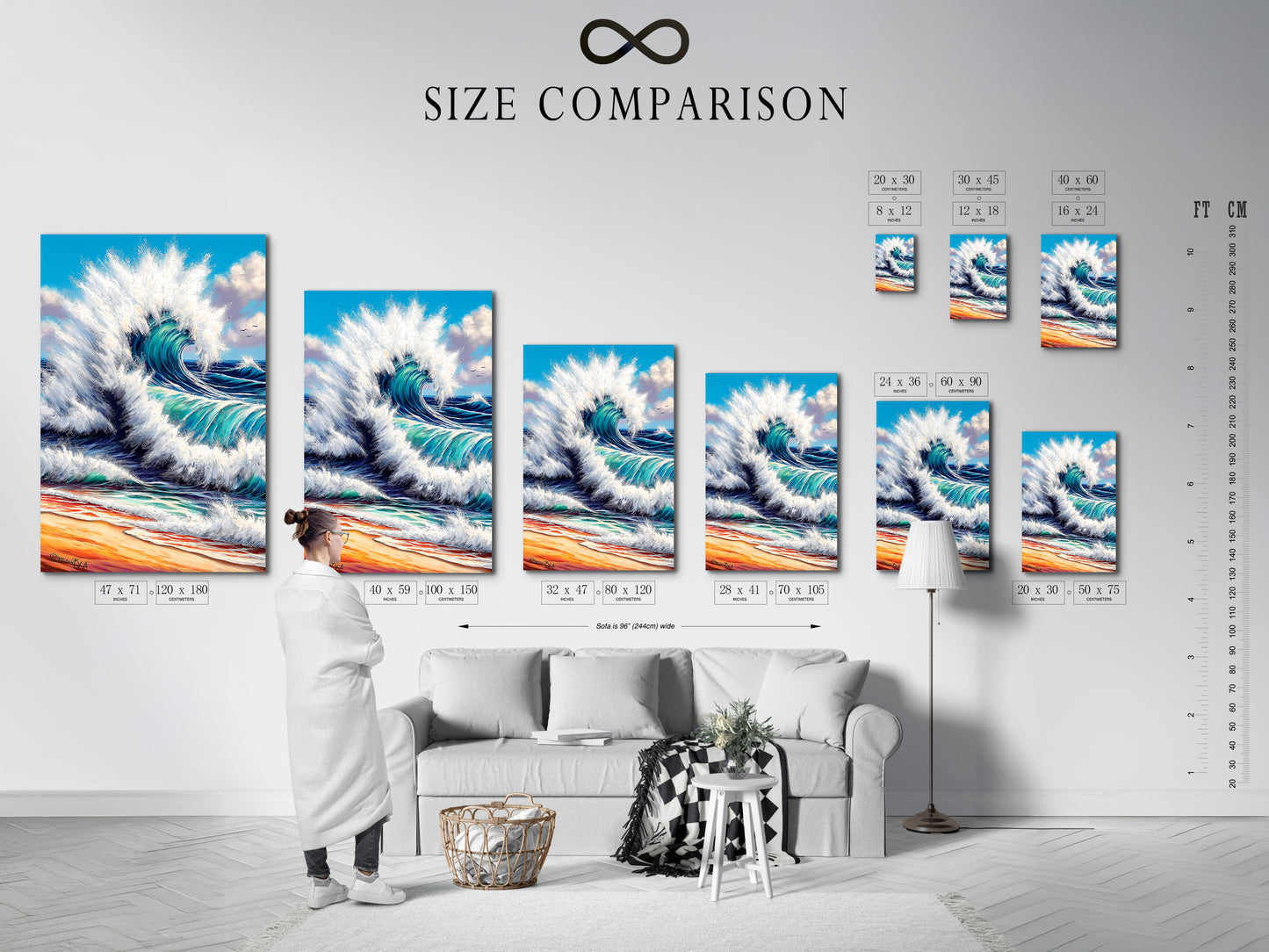 The size comparison chart is displayed in an interior setting. Visualize how the ocean wave artwork fits in your space. The teal seascape canvas is available in various sizes. Perfect for different room dimensions. Choose the ideal beach print.