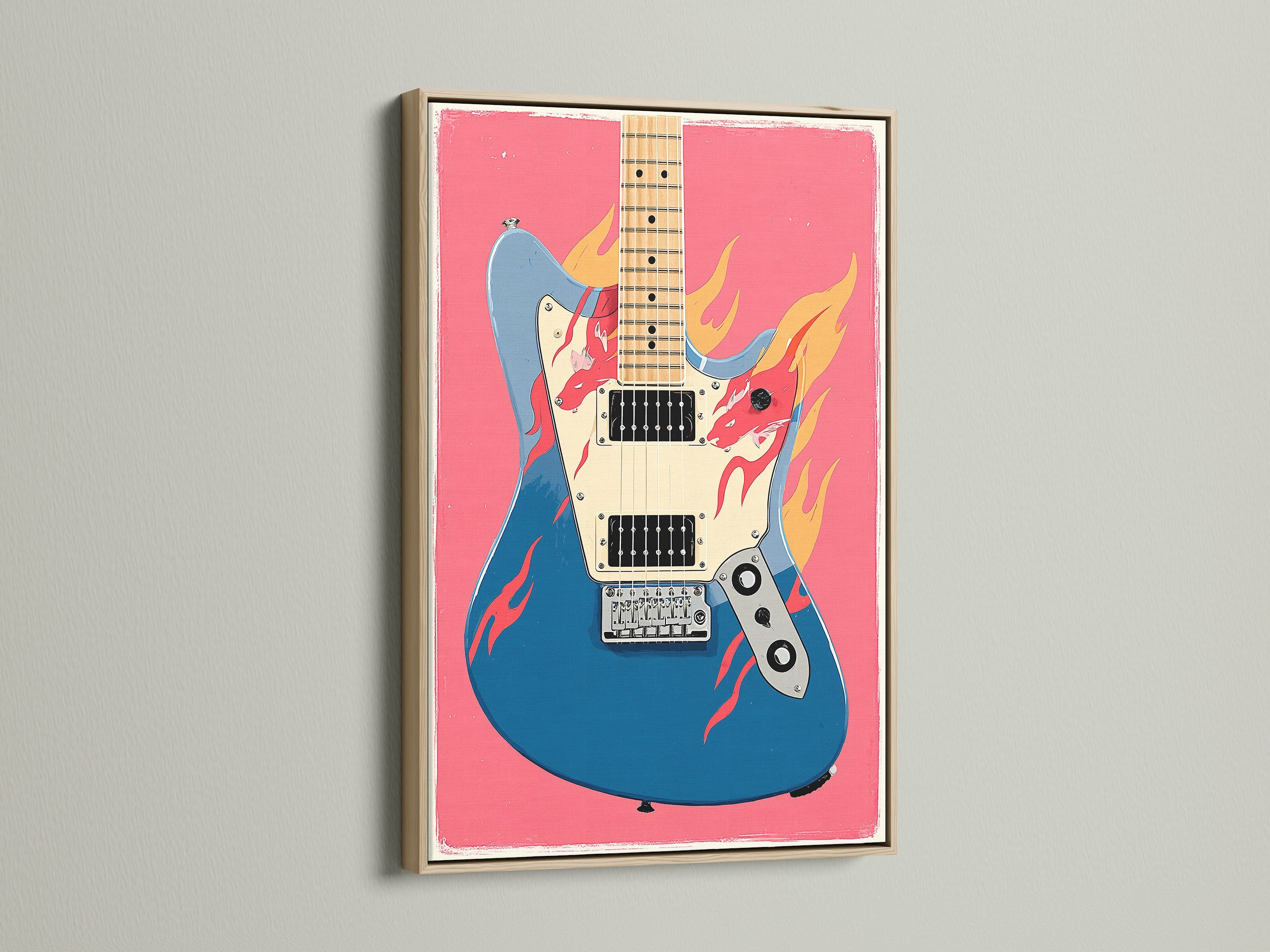 A vibrant electric guitar artwork is showcased in a stylish oak frame. The blue and pink hues make a bold statement. It will add a touch of modern flair to any music room. Perfect for musicians seeking unique wall art.