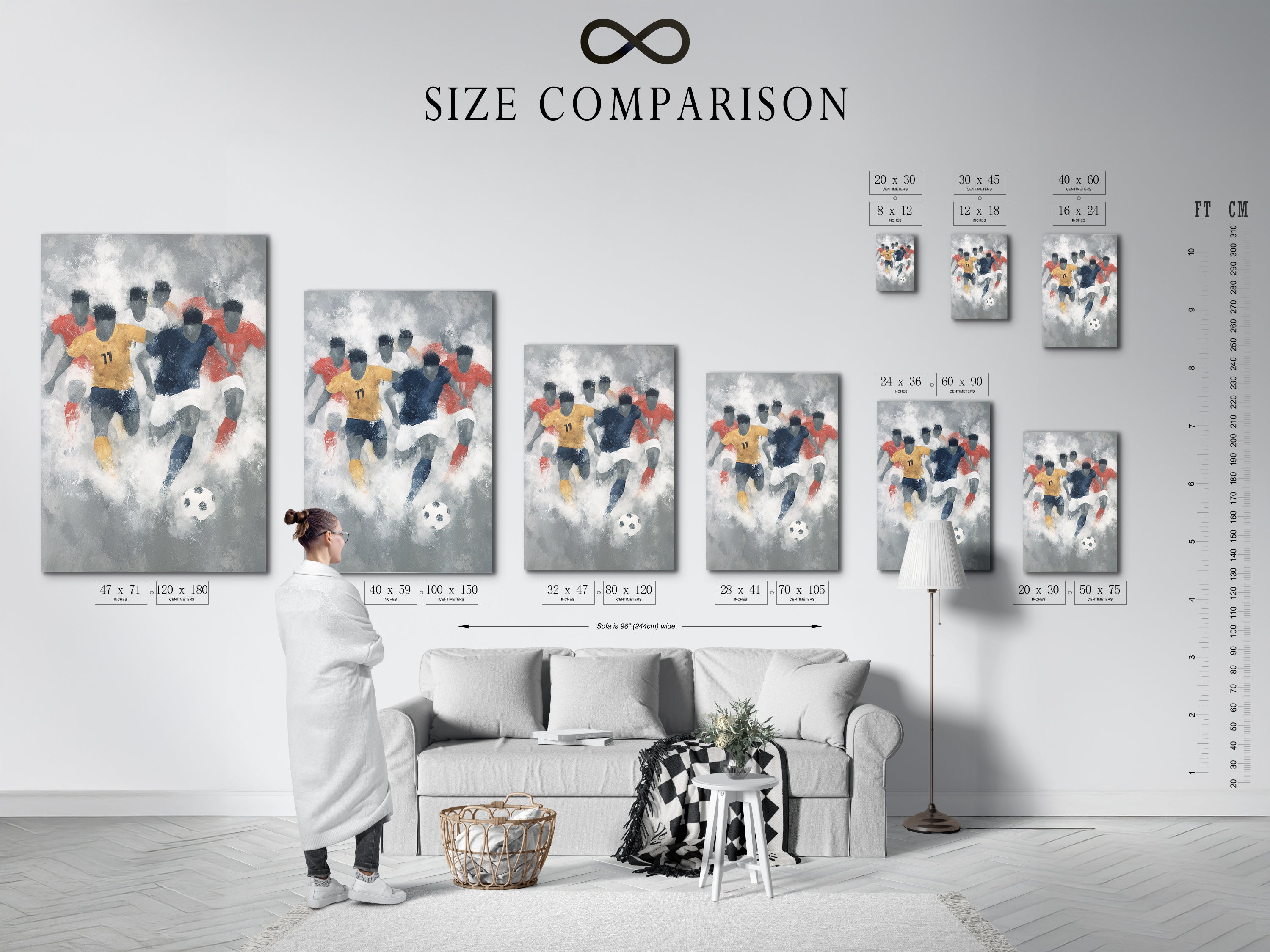Size comparison chart displayed in an interior setting. This illustrates how the soccer artwork fits in different spaces. See the impact of the football canvas on your walls. Choose the perfect size for your sports art print. Visualize the artwork in your home.