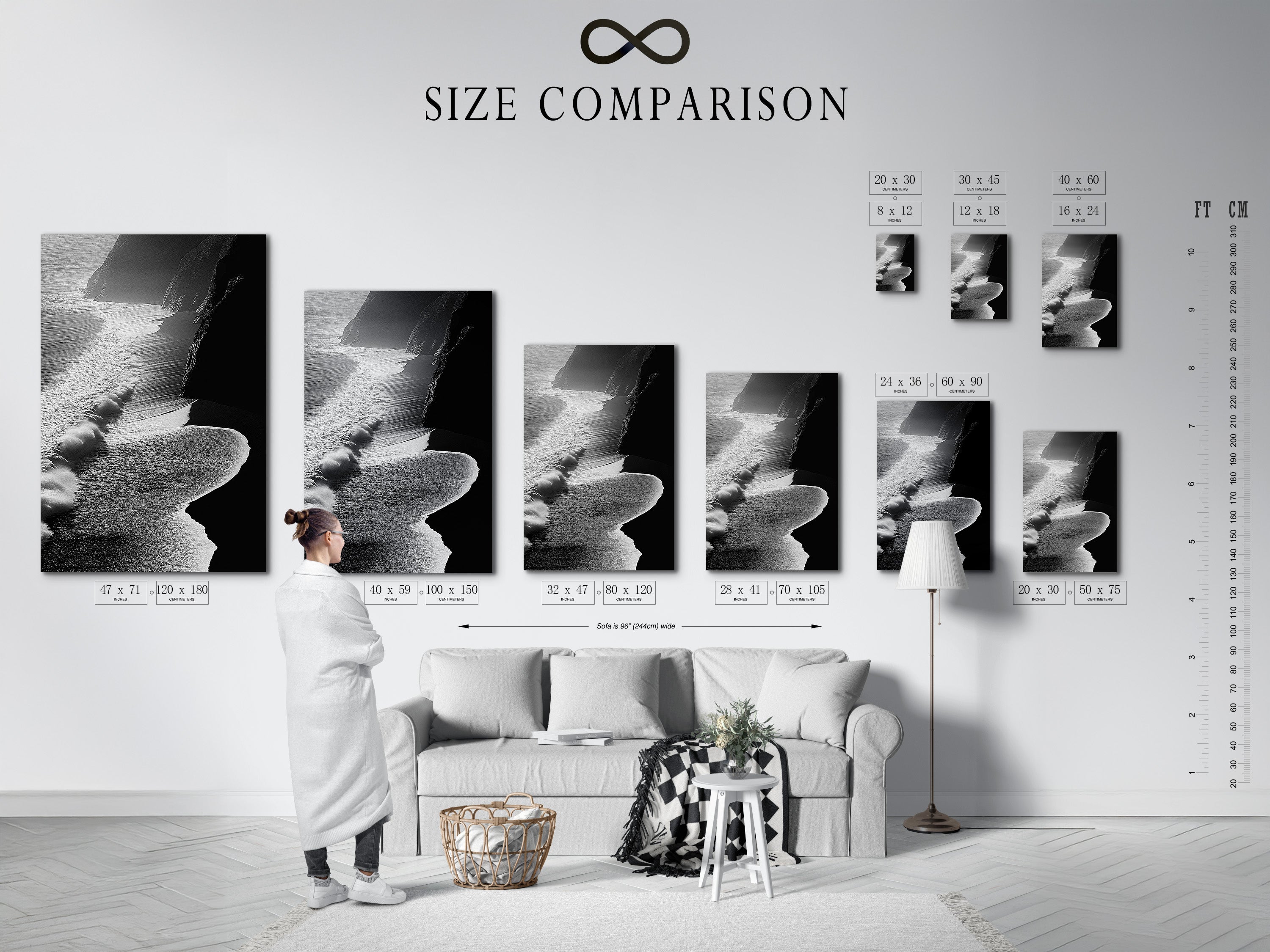 Here is a size comparison chart displayed in an interior setting. It shows various options for the ocean waves artwork. See how each size fits in a room. This chart helps you choose the perfect fit for your space. Available as stretched canvas print or fine art poster paper. Ideal for modern coastal decor. Find the right size for your living room or bedroom.